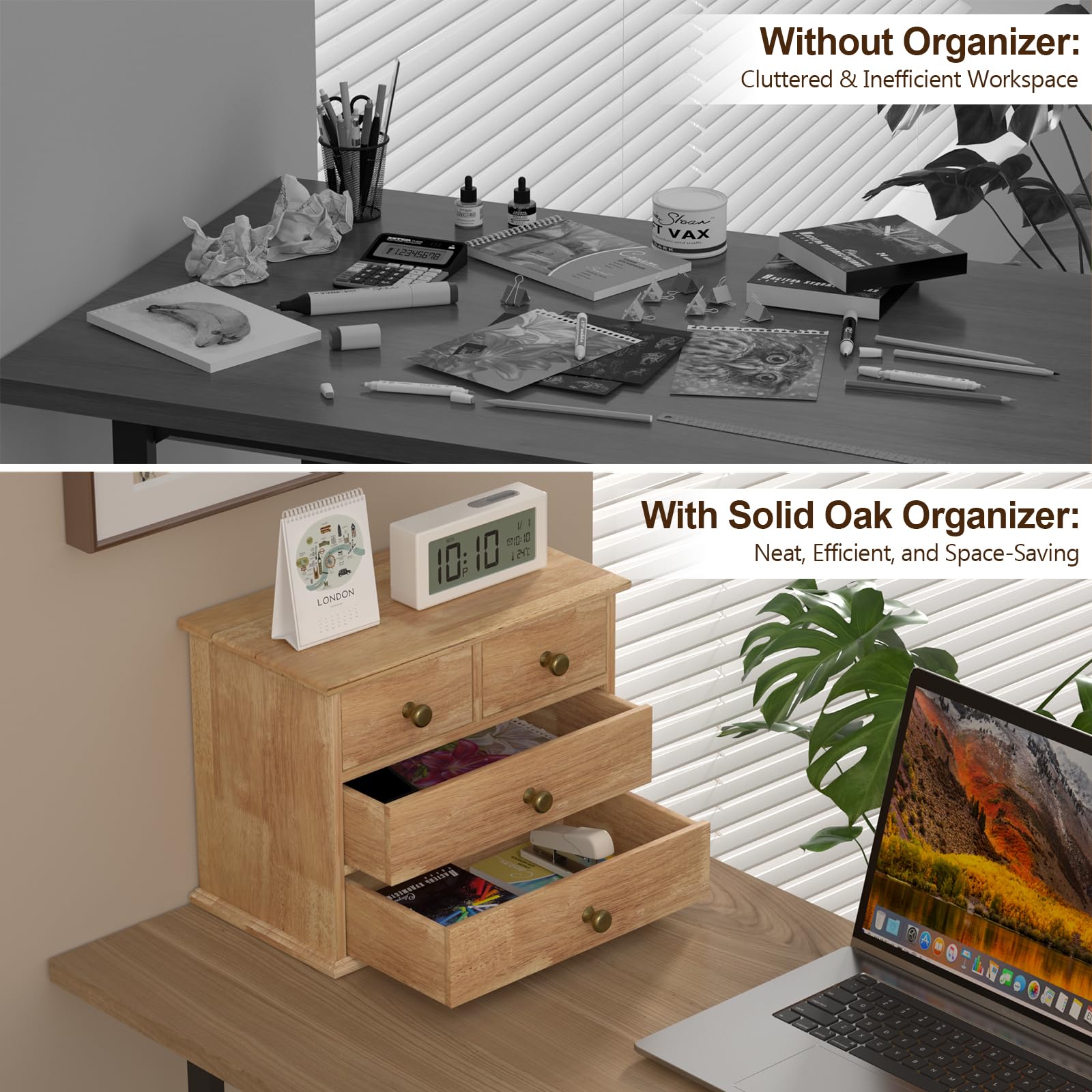Oak Desk Organizer with Drawers, Durable Wooden Desktop Storage Box