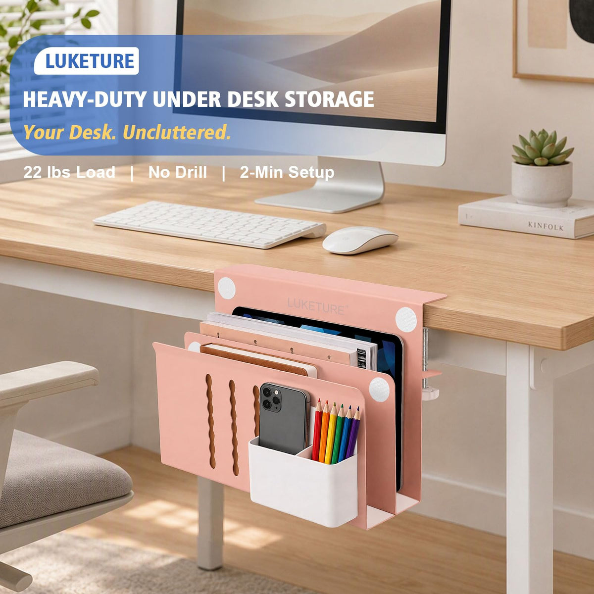 LUKETURE Desk Side Storage, 2 Tie Laptop Holder No Drill Clamp On Organizer