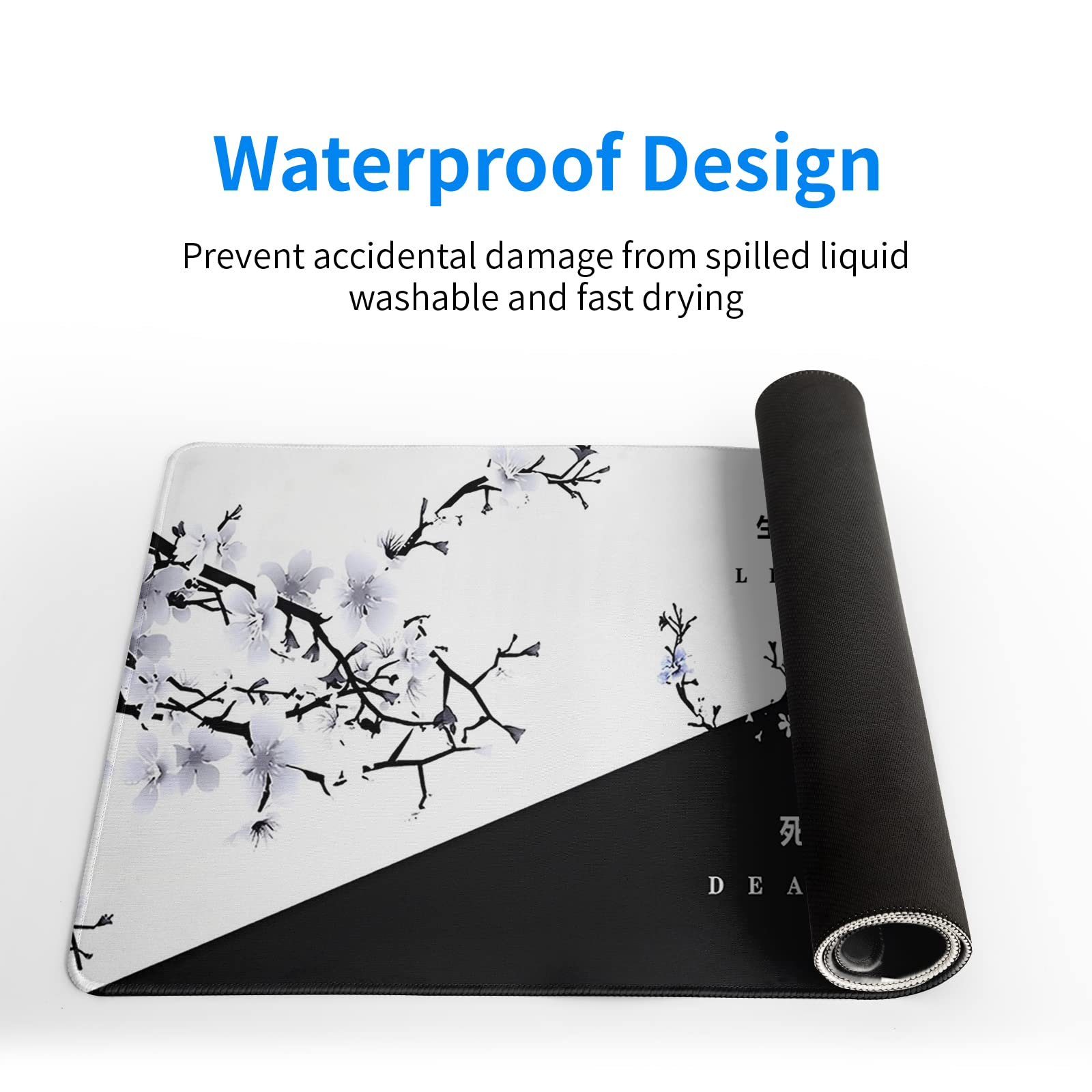 Black and White Japanese Cherry Blossom Gaming Mouse Pad Sakura Death Life Flower Mat 31.5x11.8