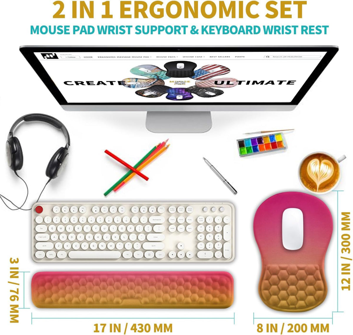 Hokafenle 2 in 1 Ergonomic Mouse Pad Wrist Support & Wrist Rest for Computer Keyboard Set, with