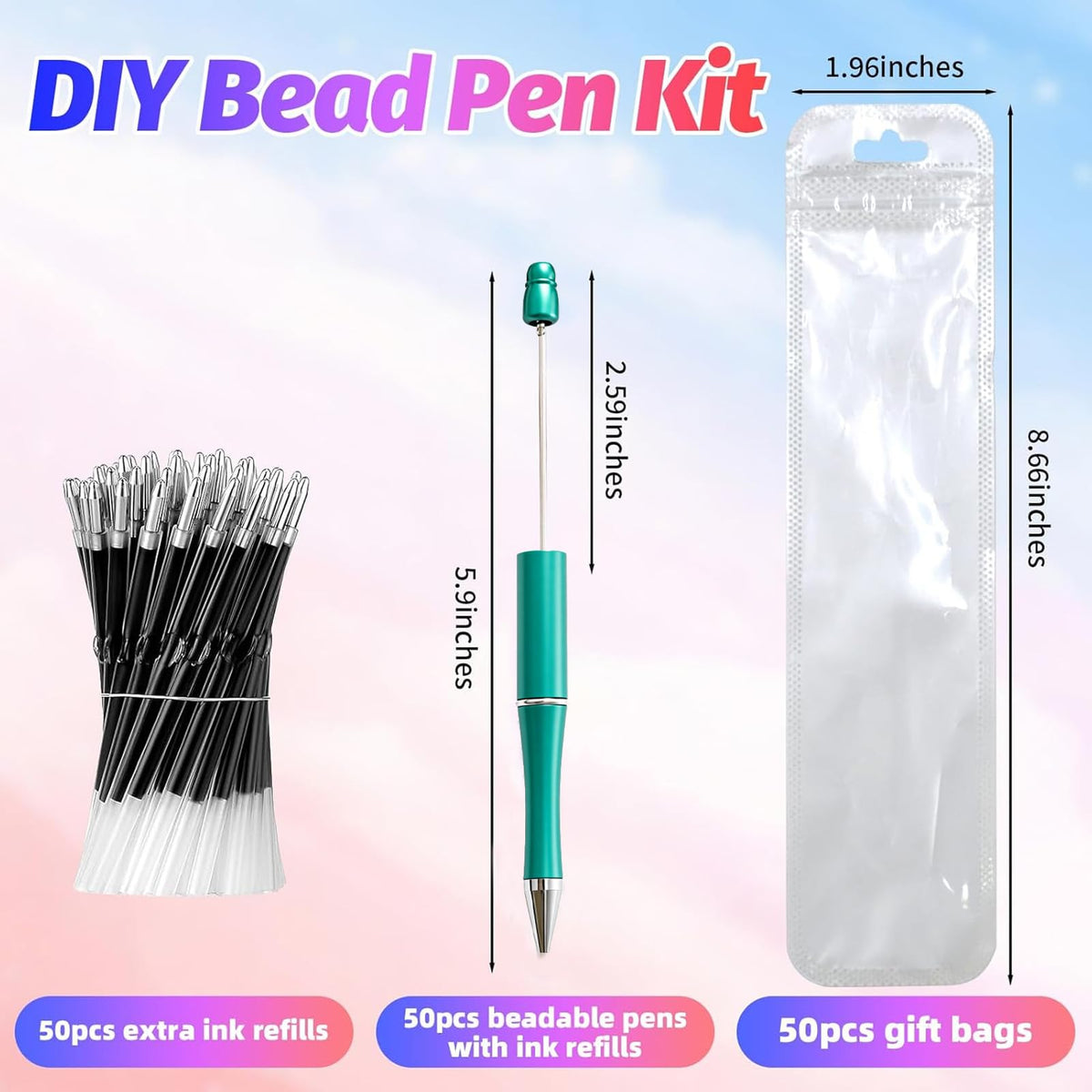 DASTTUIS 150 Pieces DIY Beadable Pen Kit – 50 Plastic Ballpoint Pens with Refills & Bags – School