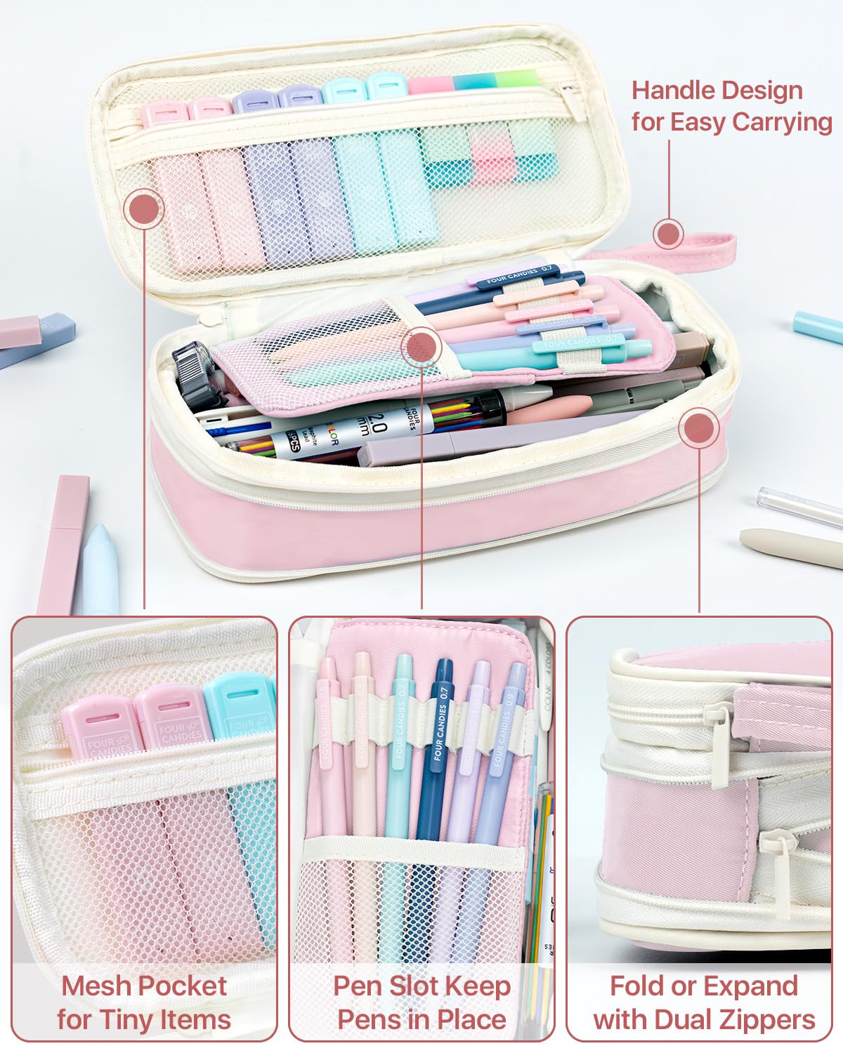 Four Candies 56PCS School Supplies with Pencil Case, Stationery Set, Pink