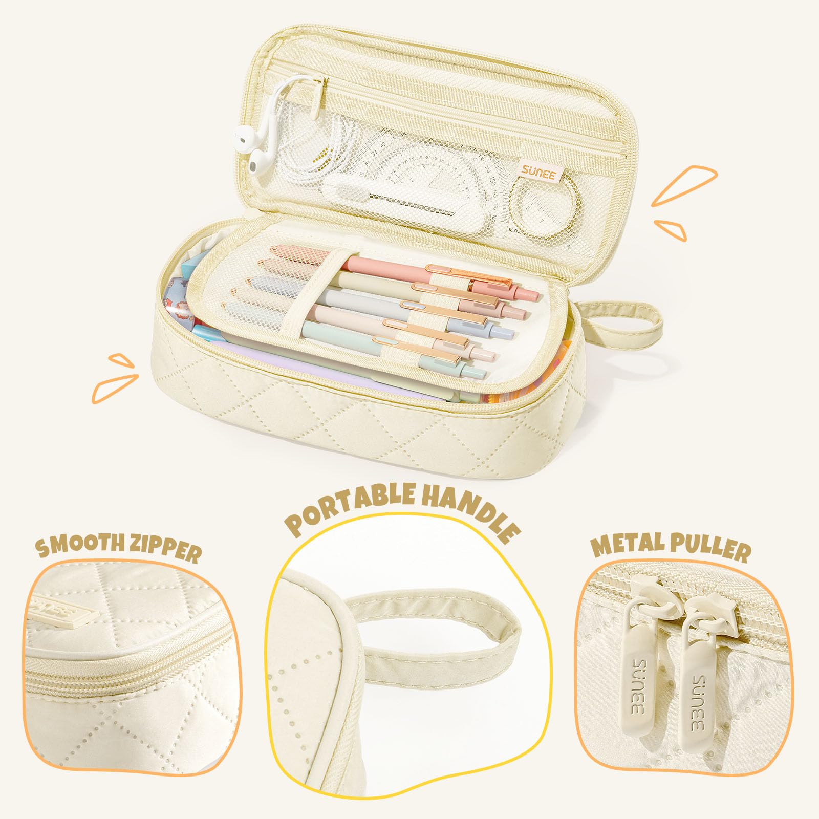 SUNEE Cute Pencil Case, Large Capacity Pencil Pouch Aesthetic Zipper Pencil Bag, Big Storage Pen