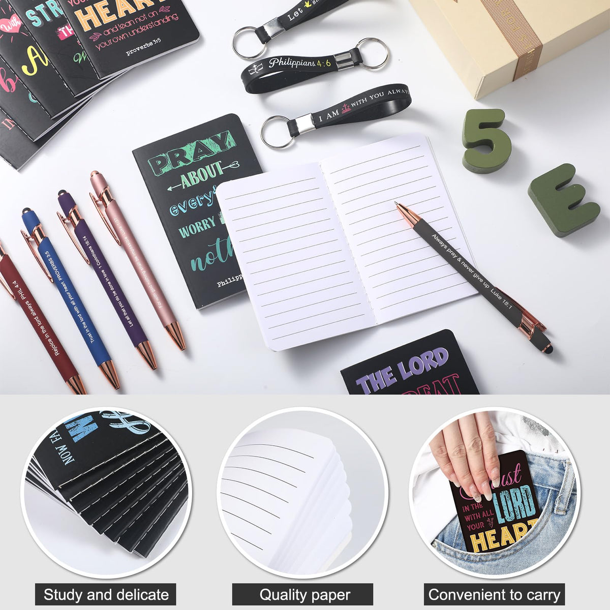 PerKoop 48 Pcs Inspirational Pens Notepads Bulk Set Keychains, Bible