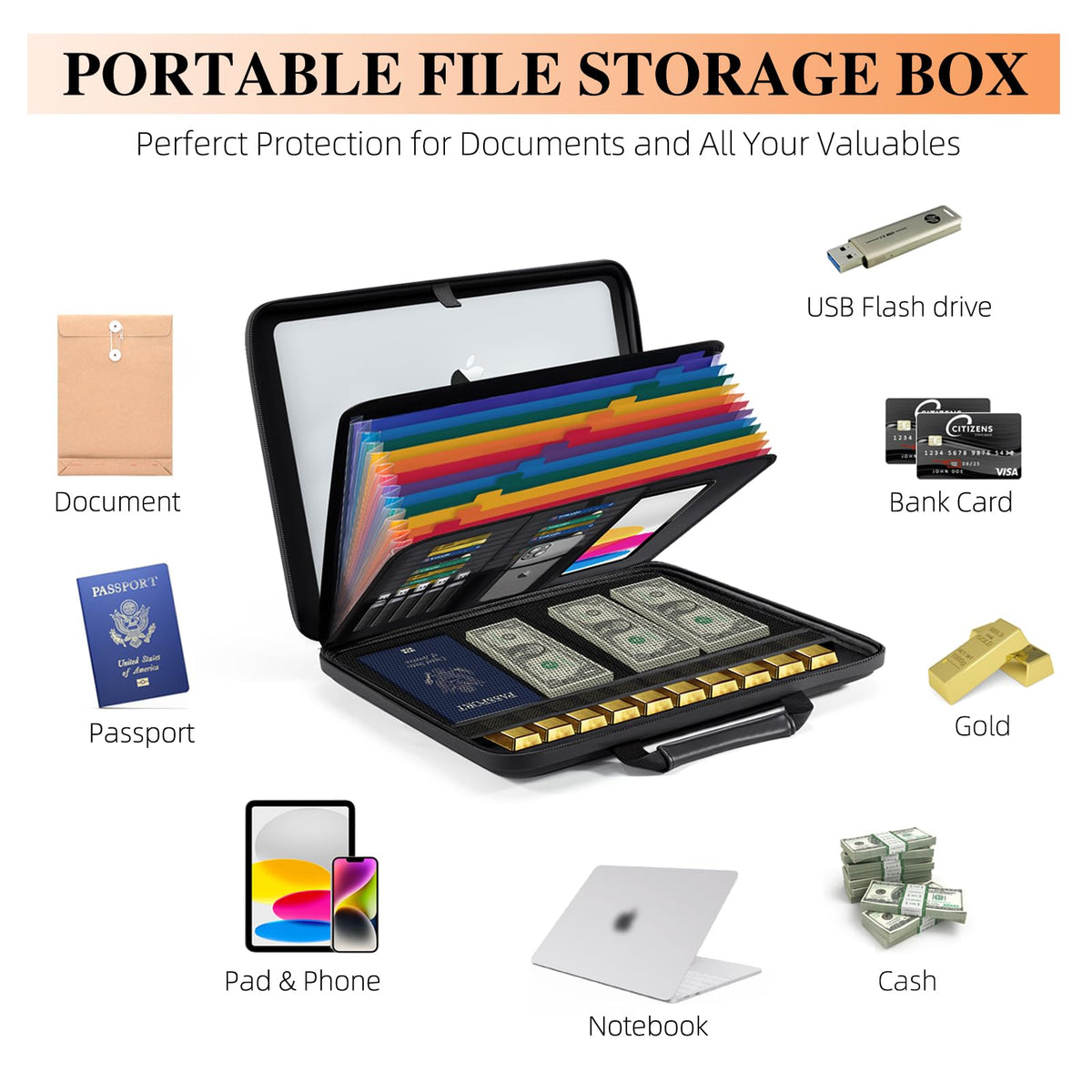 Fireproof Document Box File Organizer: Hard-Shell Case Fireproof Waterproof Box with Lock & 13