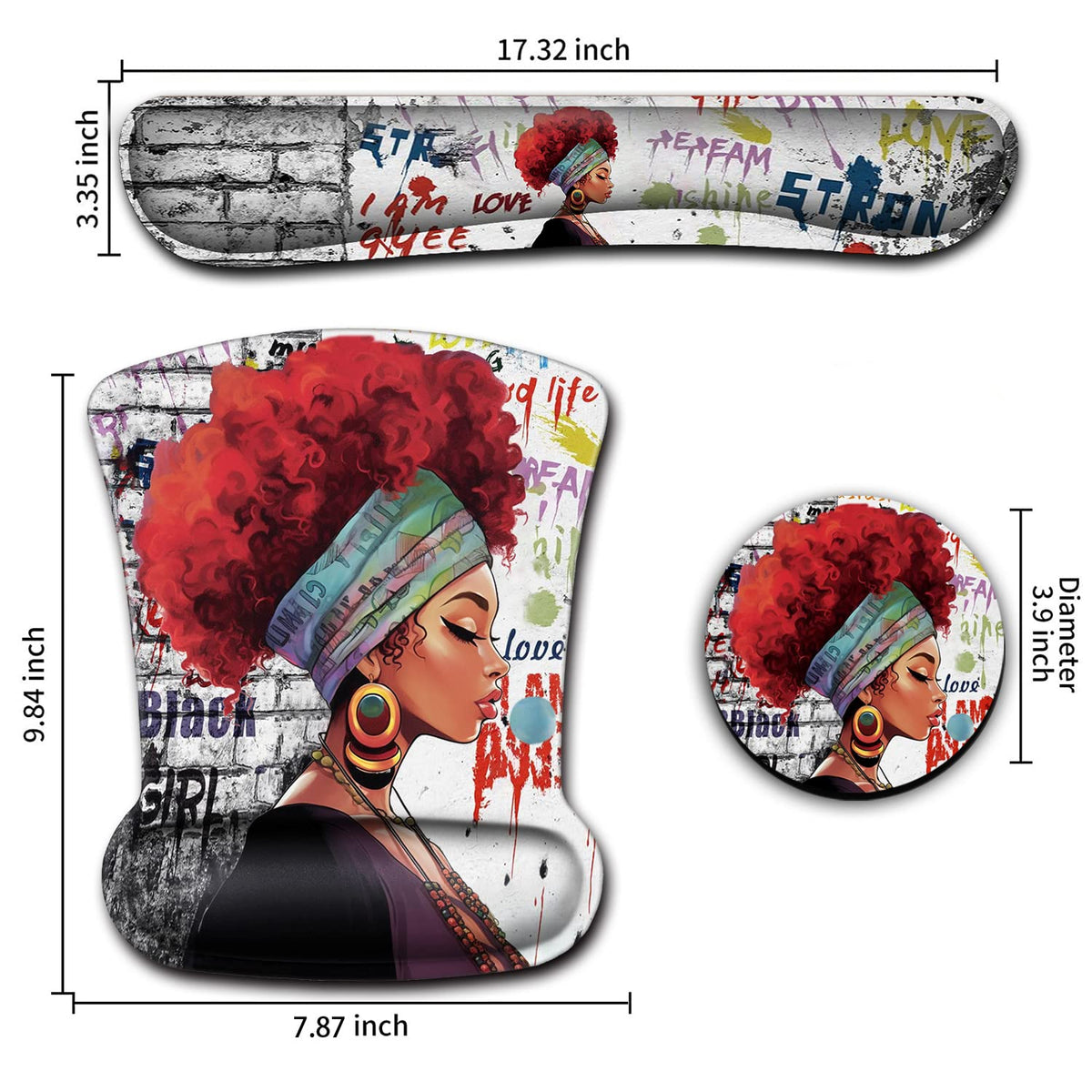 Ergonomic Mouse Pad Wrist Support Gel and Keyboard Wrist Rest Set African Graffiti Girls with Red