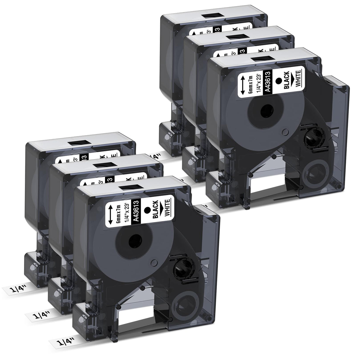 6-Pack Compatible Dymo 1/4 Inch 43613 D1 Label Tape Black on White 6mm