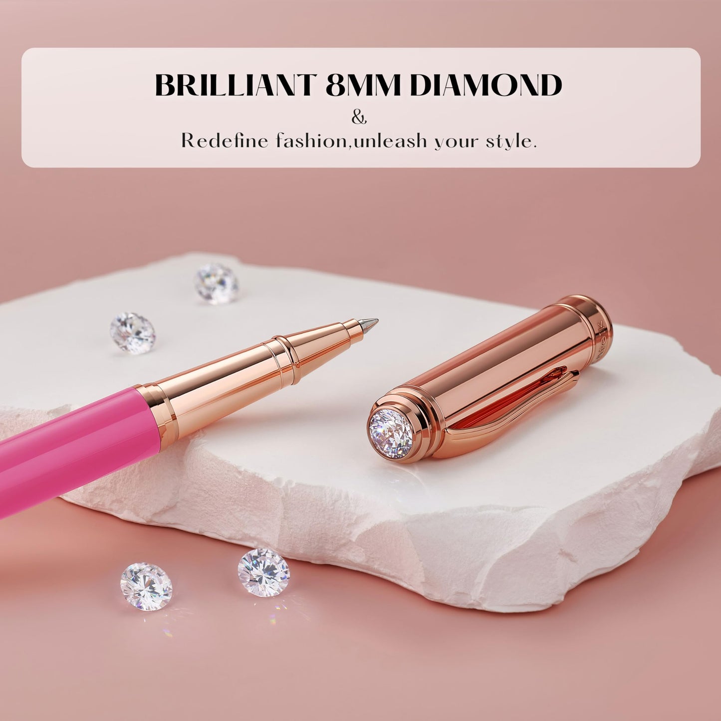 MCNTEIK Luxury Rollerball Pen, With 8mm Brilliant diamond,Vibrant Pink Pen,Attractive Real Rose