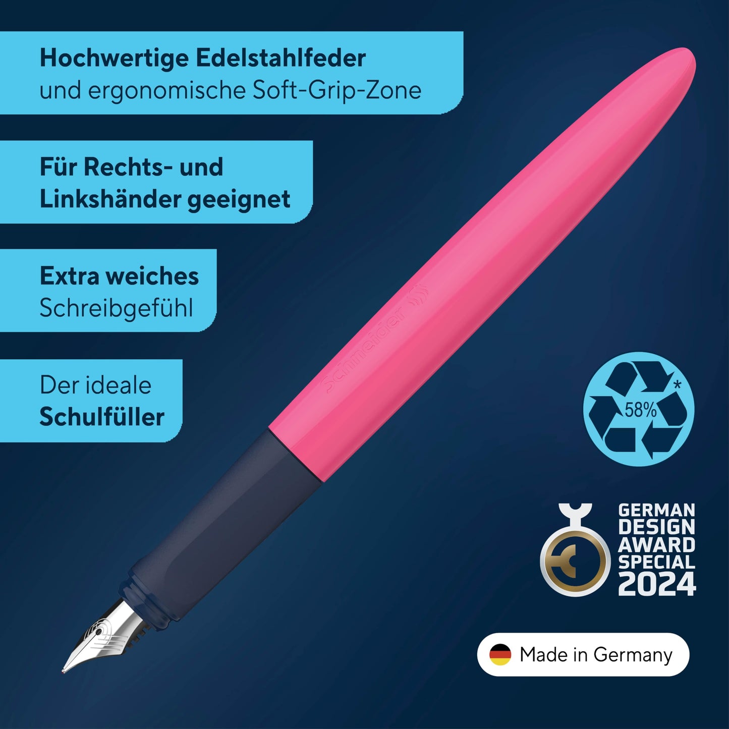 Schneider 162119 Wavy Fountain Pen for Right and Left-Handed Users with Beginner Nib Pink