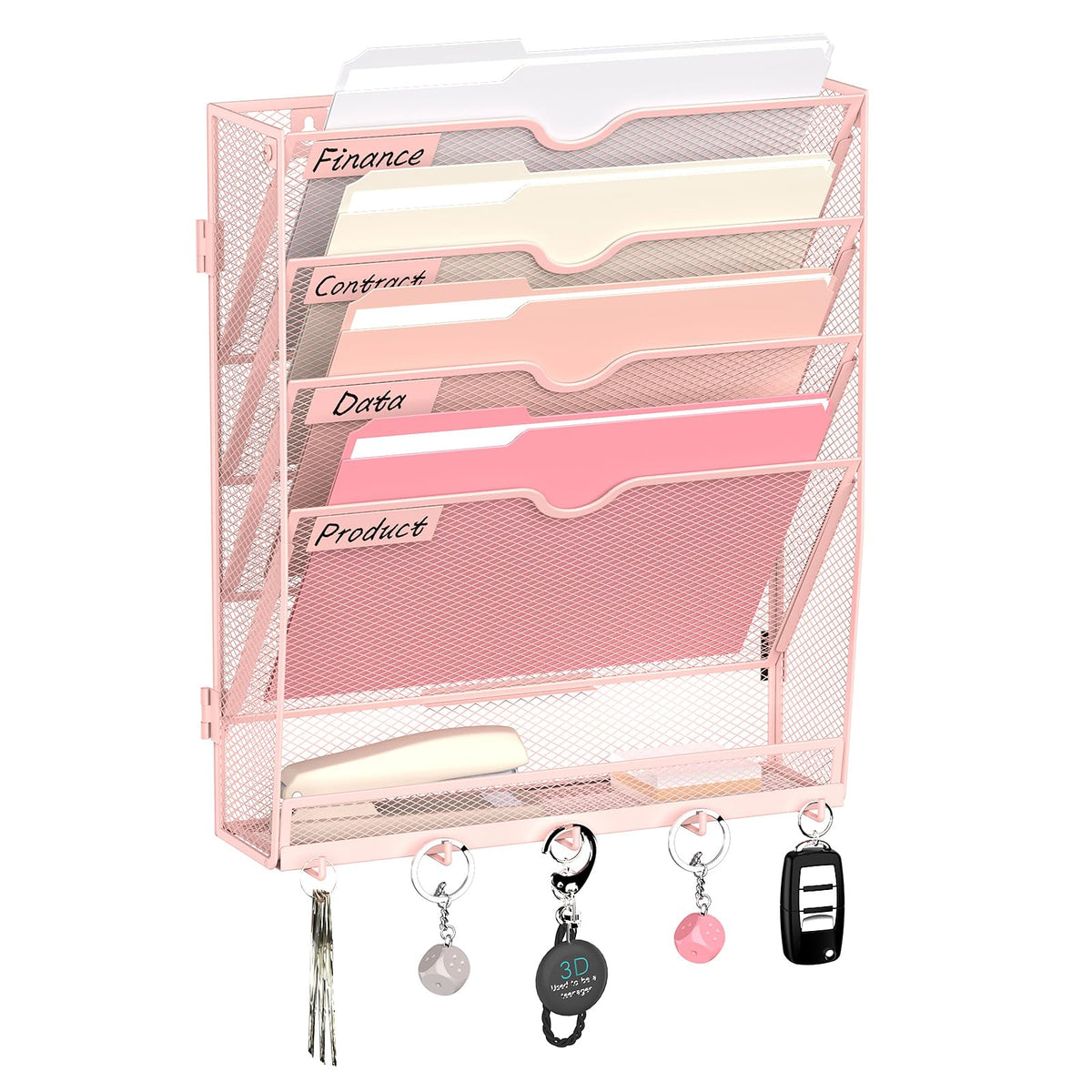 JMHUD 5-Tier Wall File Organizer and Mail Organizer with 5 Hooks, Pink