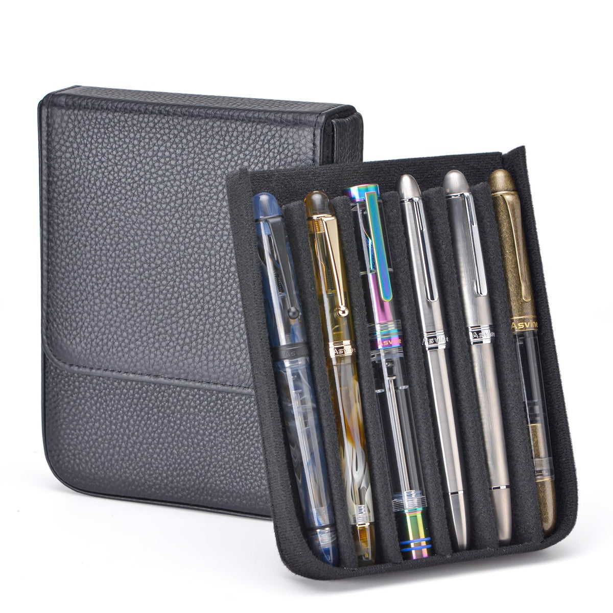 Lanxivi Genuine Leather Fountain Pen Case 6 Slot Black Leather Organizer, Portable Pen Bag Pouch