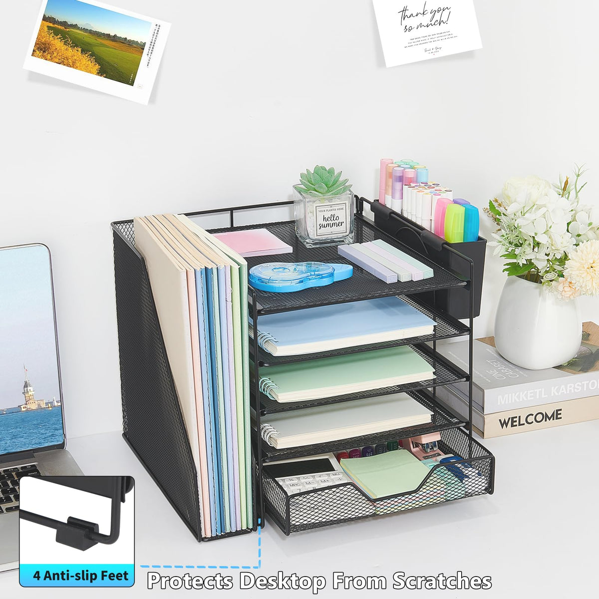 Gugsey 5-Tier Desk File Organizer with Drawer & Pen Holder (Black)