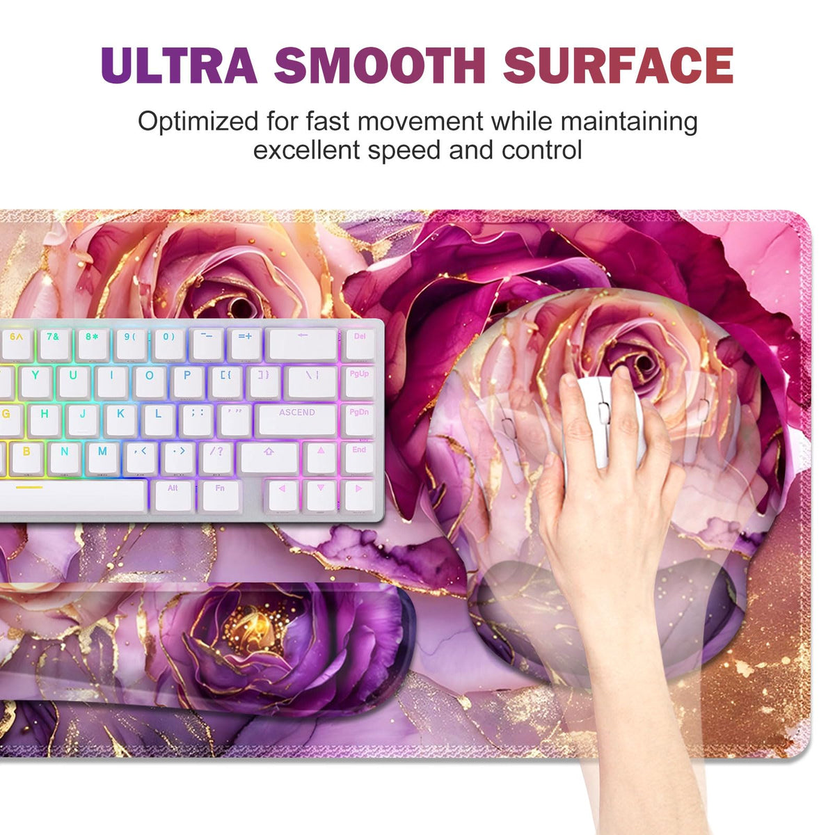 Gaming Mouse Pad Large Desk Mat, Cute Purple Marble Rose Desk Pad Protector