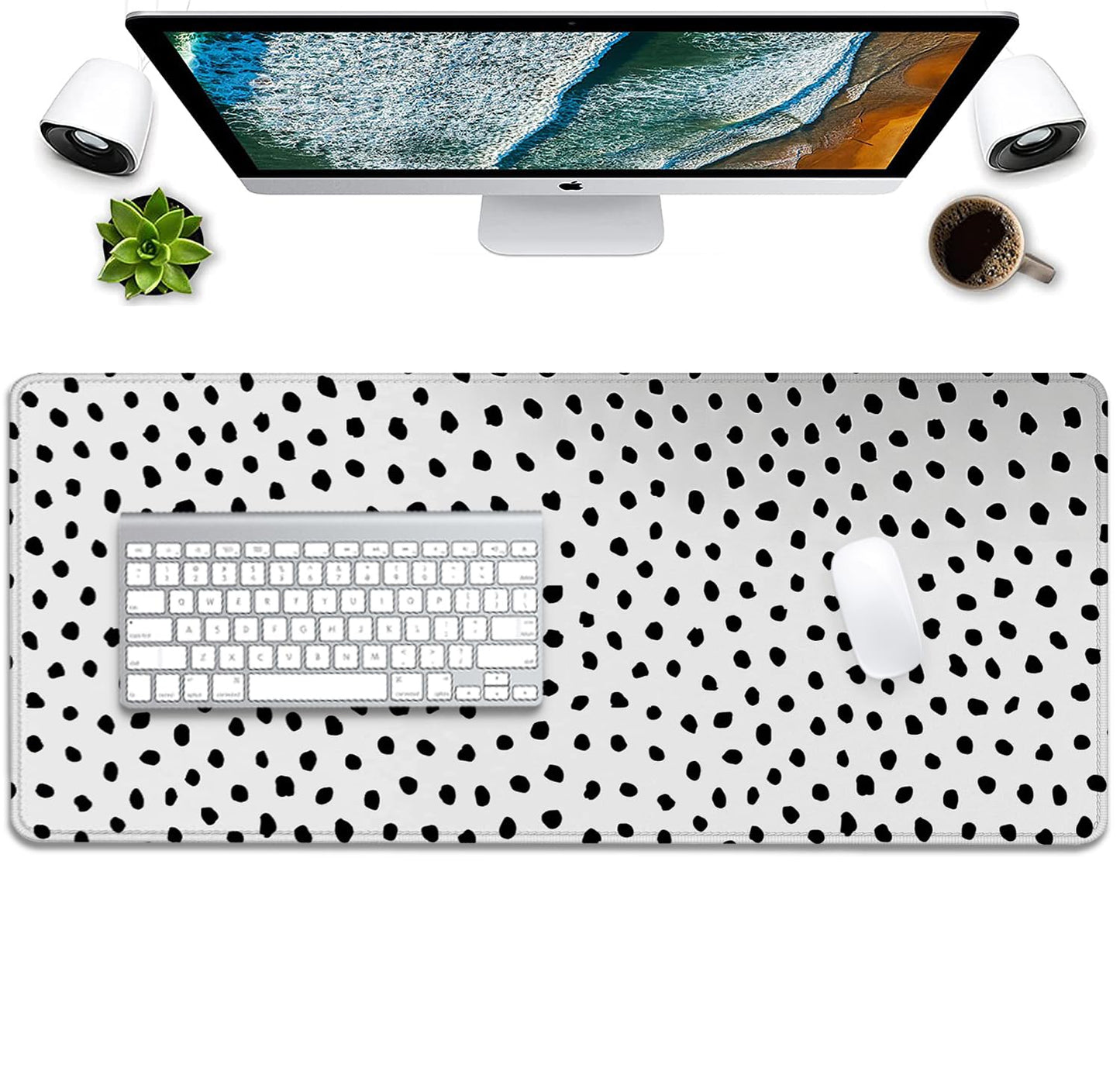 Boho Extended Desk Pad Mouse Pad,Large Polka Dot Mouse Mat with Stitched Edges,Non-Slip Rubber Base