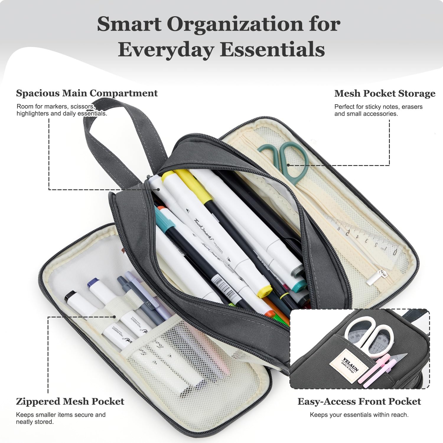 VELAUN Pencil Case Pouch, Large Capacity Pencil Box Bag, Aesthetic Pen Organizer for School