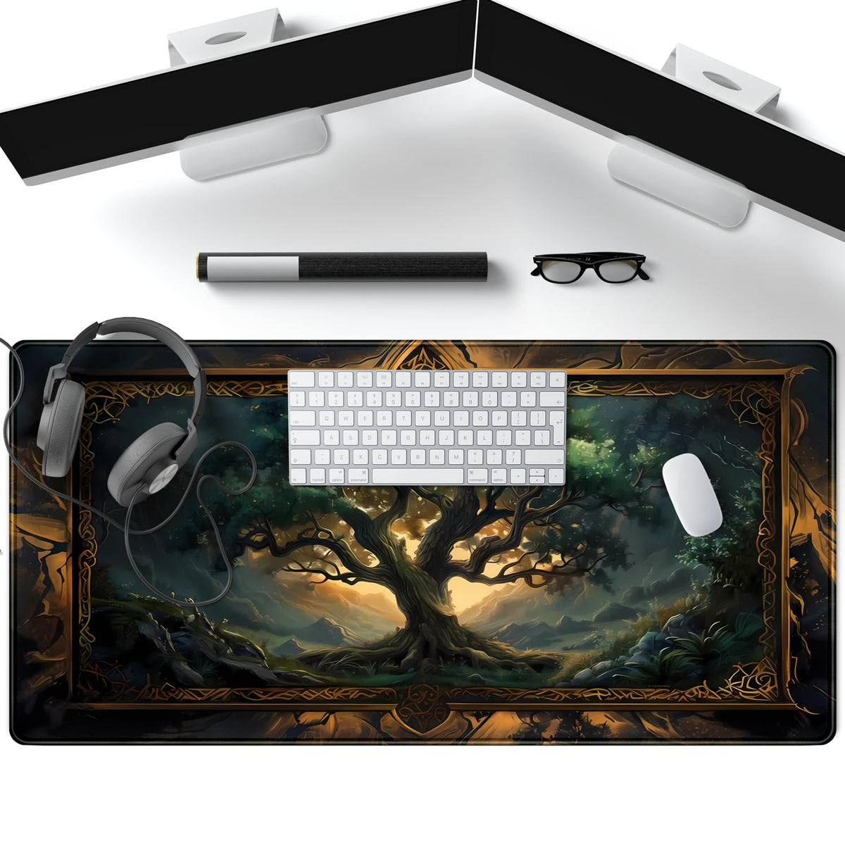 Mystical Green Tree Large Gaming Mouse Pad Forest Tree of Life Deskpad Mat XXL Extended Gaming Desk