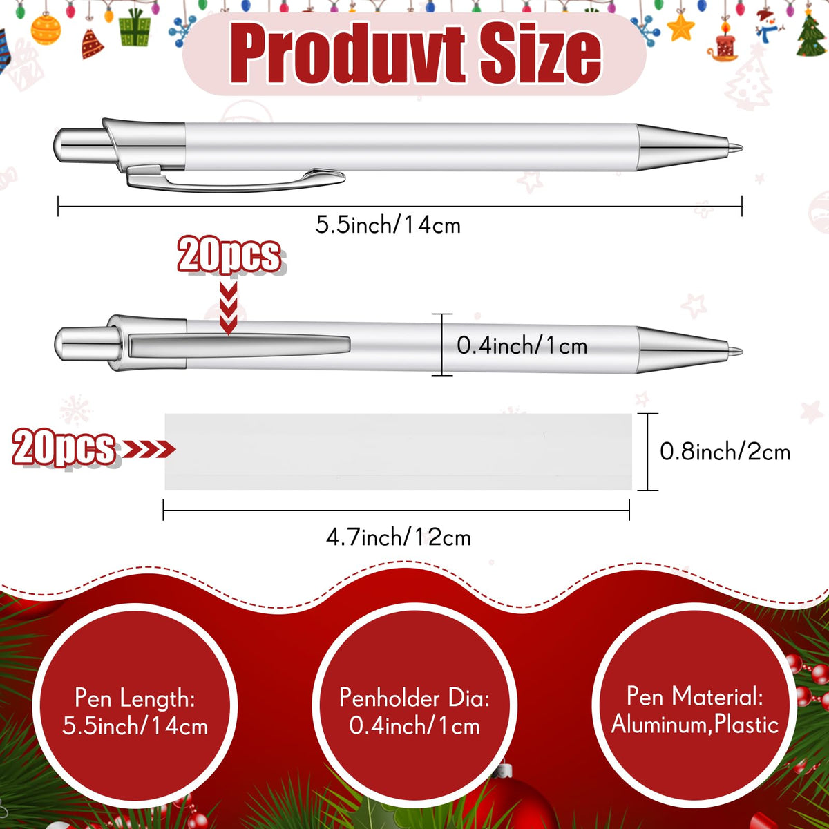 Yexiya 20 Pcs Sublimation Pens Blank White Aluminum Ballpoint with Clip