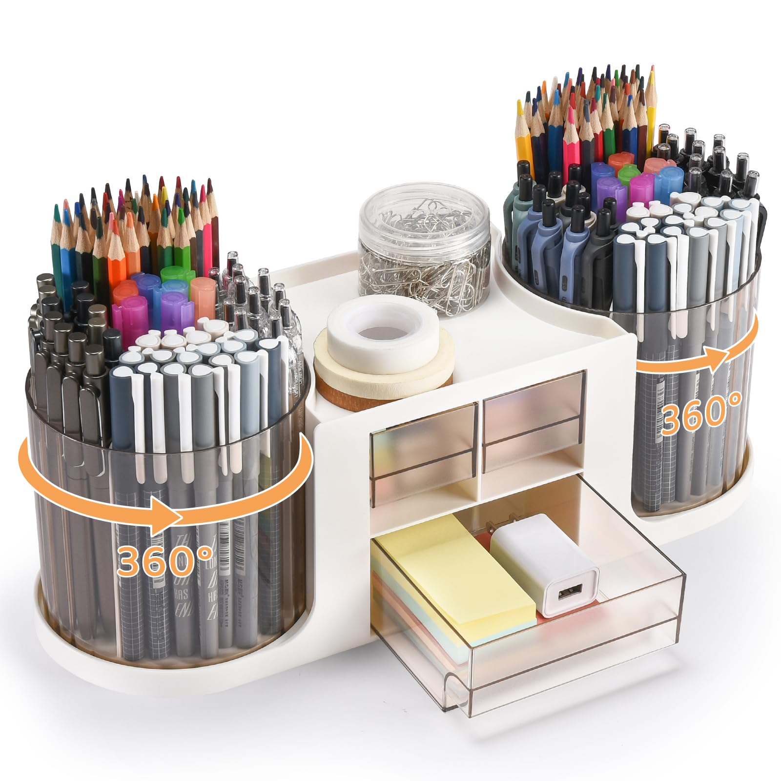 KLIONGO Rotating Desk Organizer with 2 Pen Holder, Desk Organizers and Accessories with 10 Slots