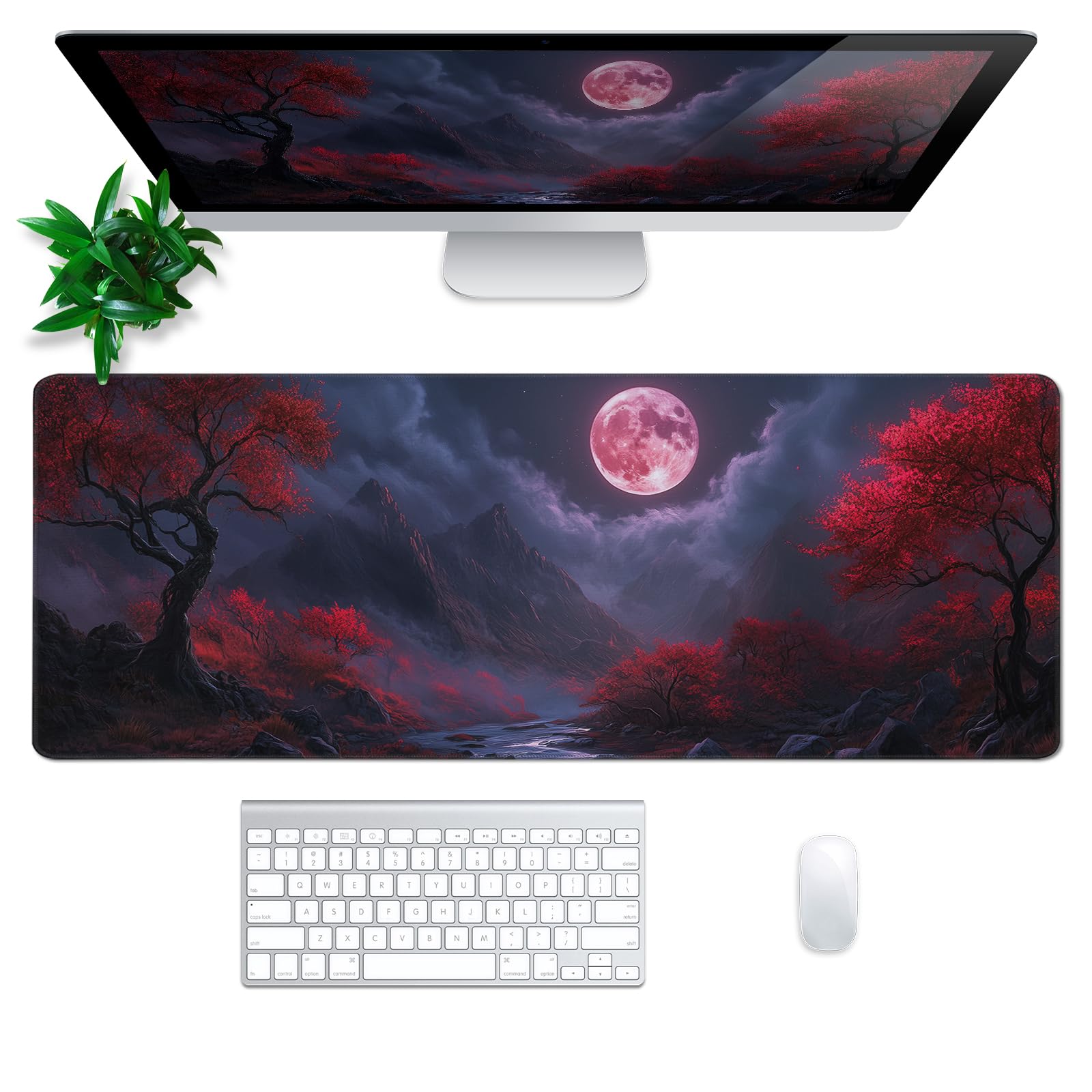 Darkness Red Moon Mouse Pad Abstract Red Mouse Pad 31.5x11.8 Inch Texture Non-Slip Rubber Base