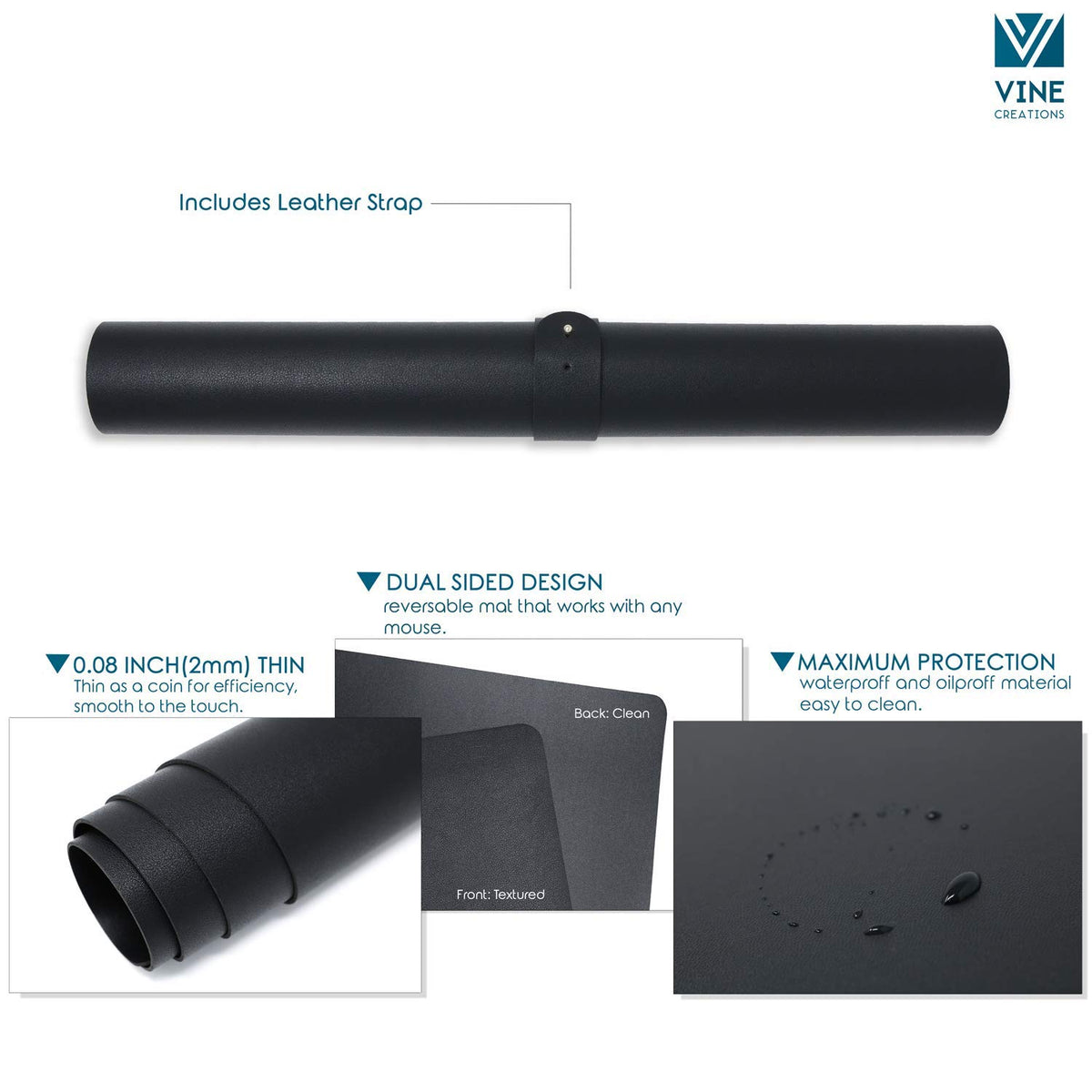 Leather Desk Pad 36" x 20", Vine Creations Office Desk Mat Waterproof Black - Premium Quality