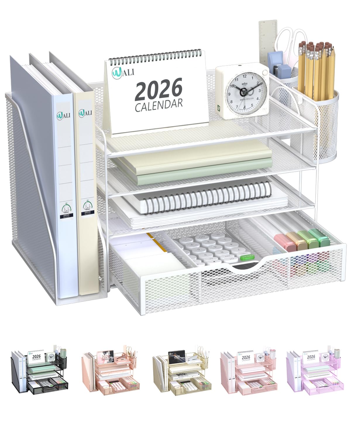 WALI Desk File Organizer, 4 Tier Desktop Paper Letter Tray Organizer with Drawer and 2 Pen Holders