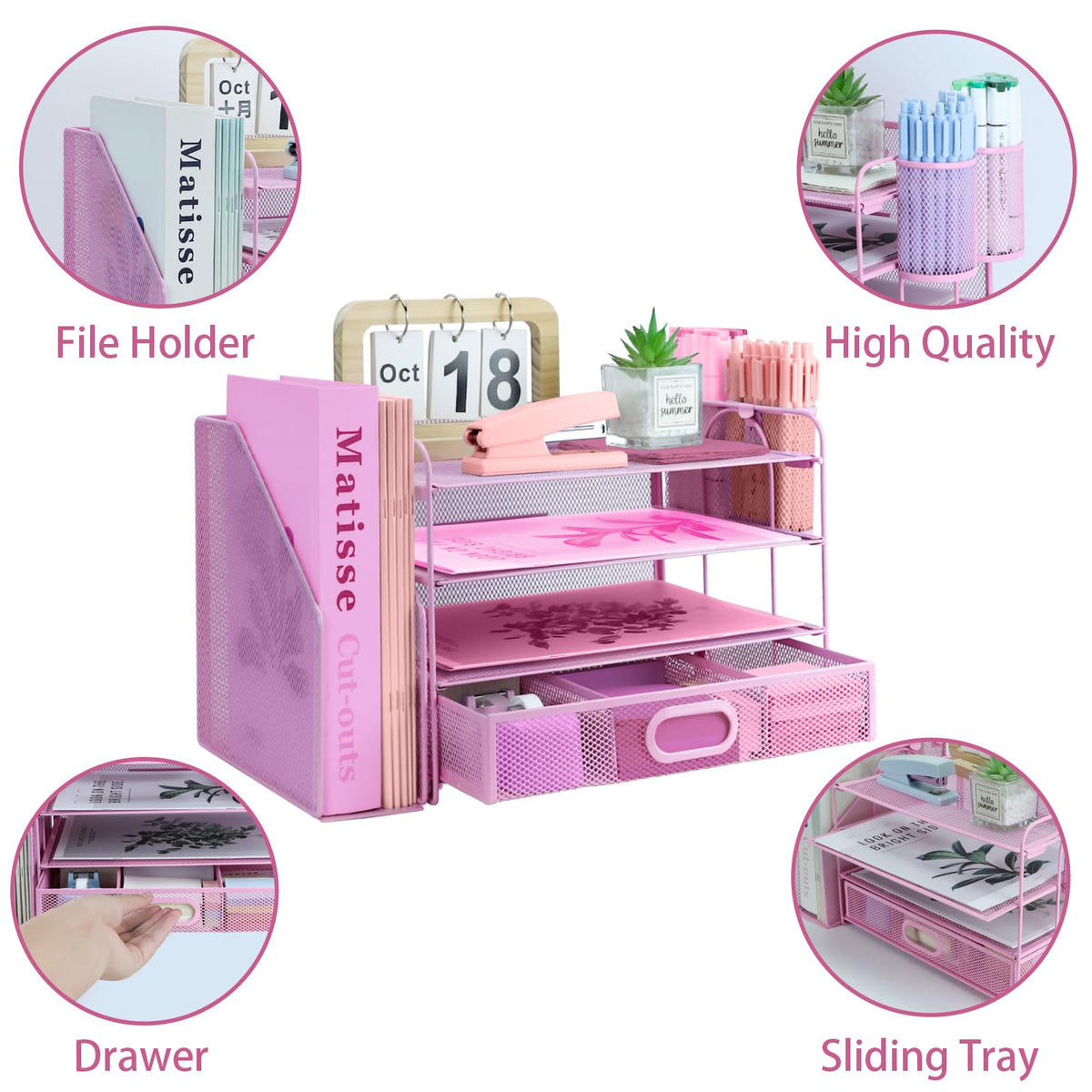 ideallife Desk Organizers and Accessories with File Holder, 4-Tier Paper Letter Tray Organiser with