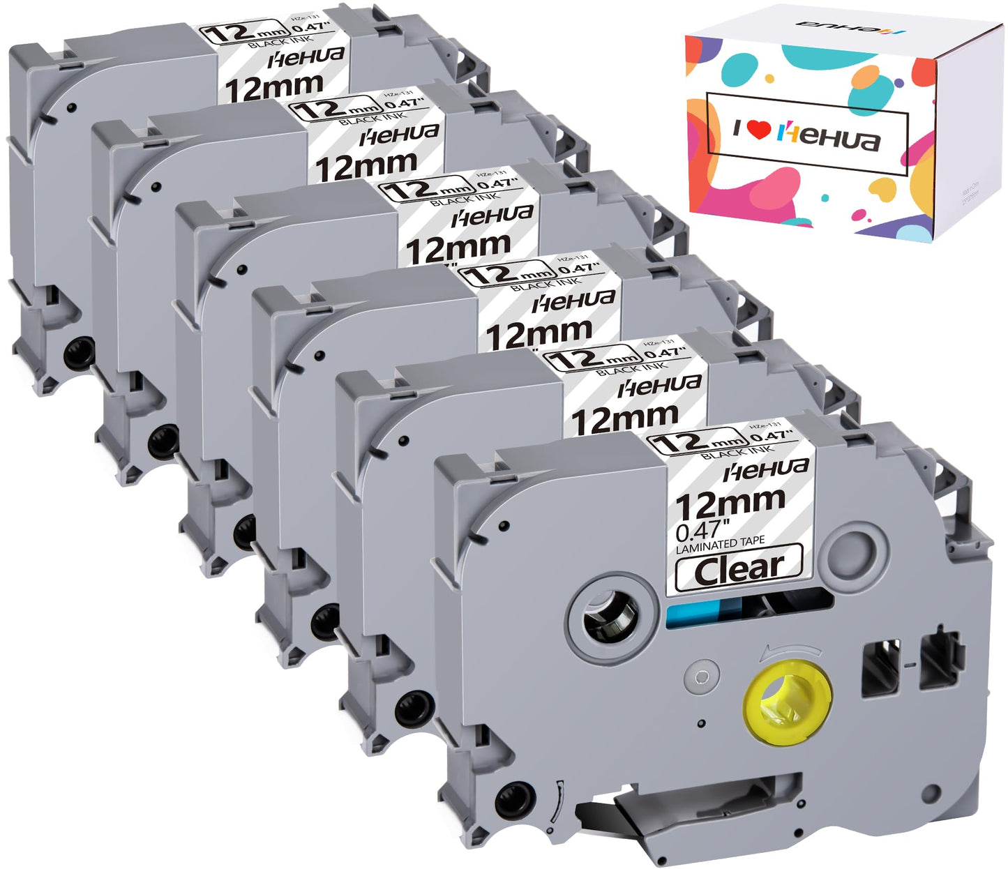 6 Pack Hehua Clear Label Maker Tape TZe-131 TZe131 TZ131 Black on Clear