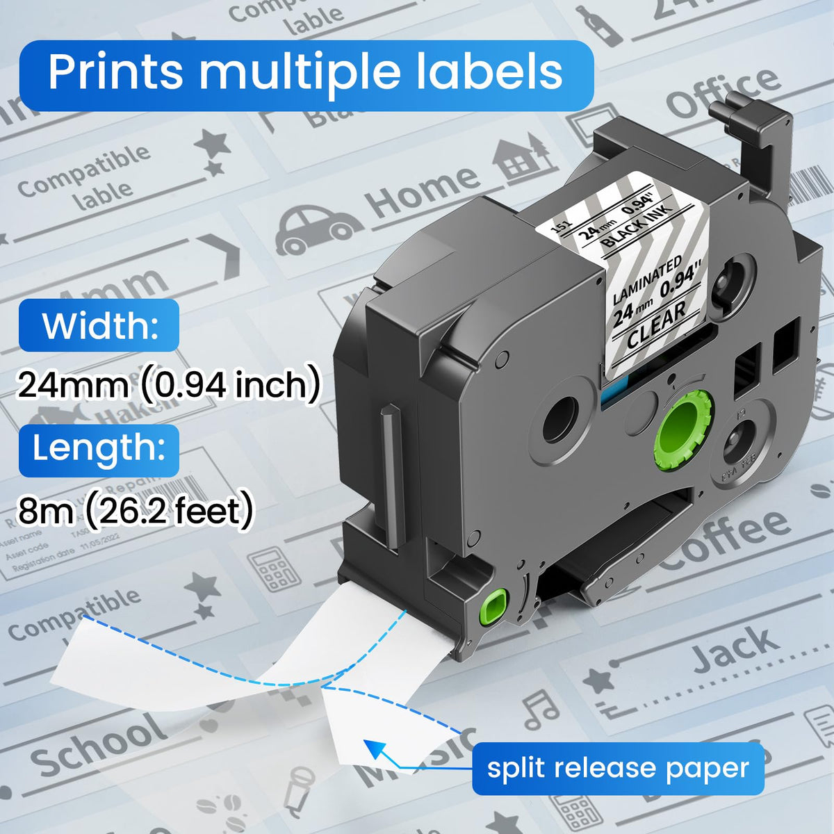 Compatible with Brother Ptouch 24mm 0.94" Label Tape TZe-151 Black on Clear