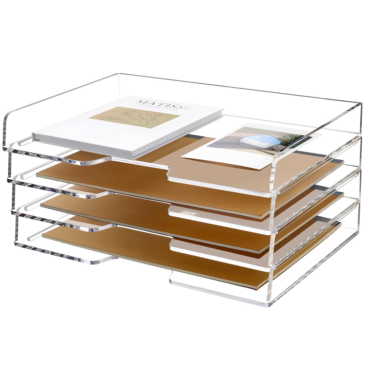 SANRUI 4 Tier Acrylic Paper Letter Tray Desk Stackable Organizer Trays，Clear Enlarged A4 Stackable