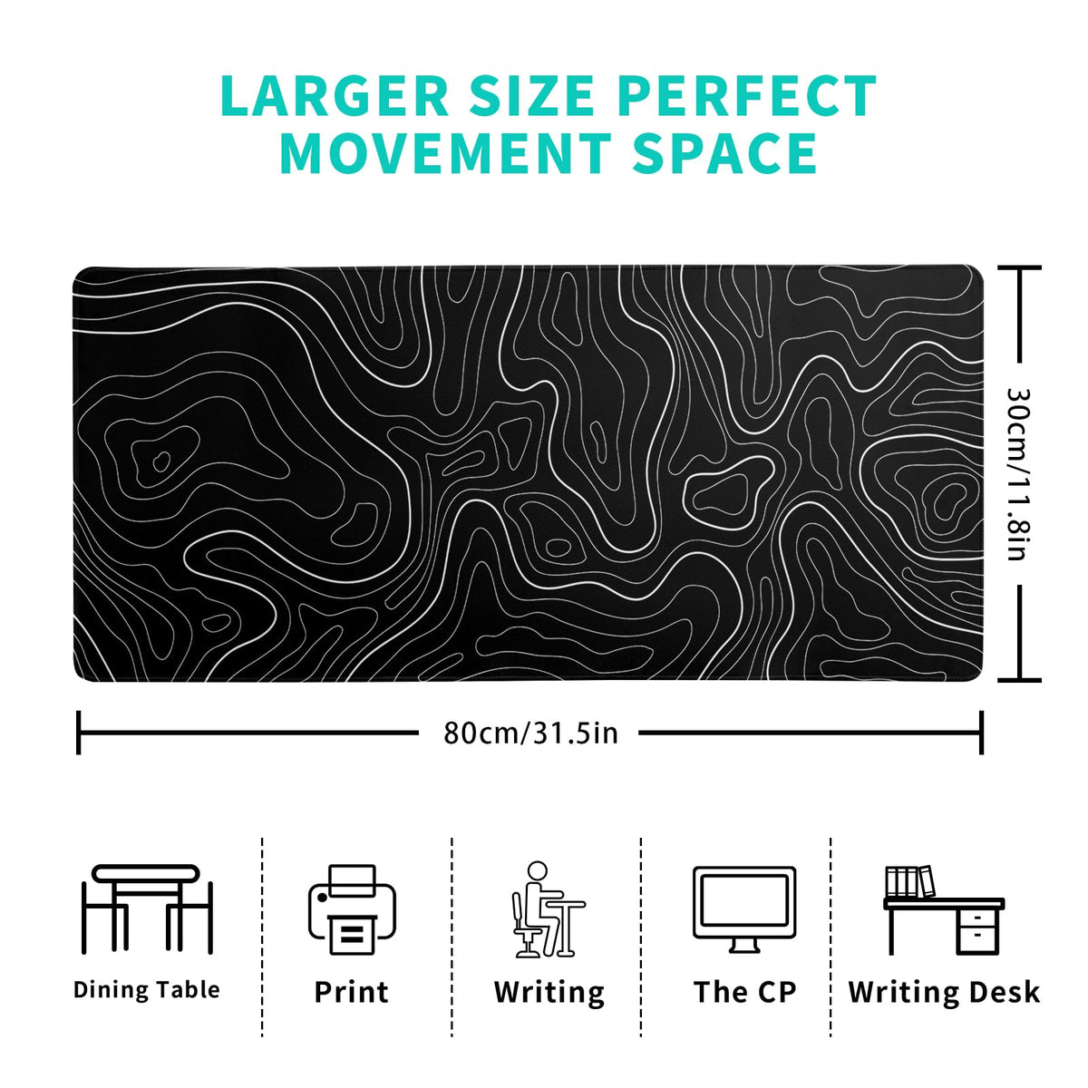 Topographic Contour Black Gaming Mouse Pad XL Geographic Map Lines Extended Big Large Desk Mat