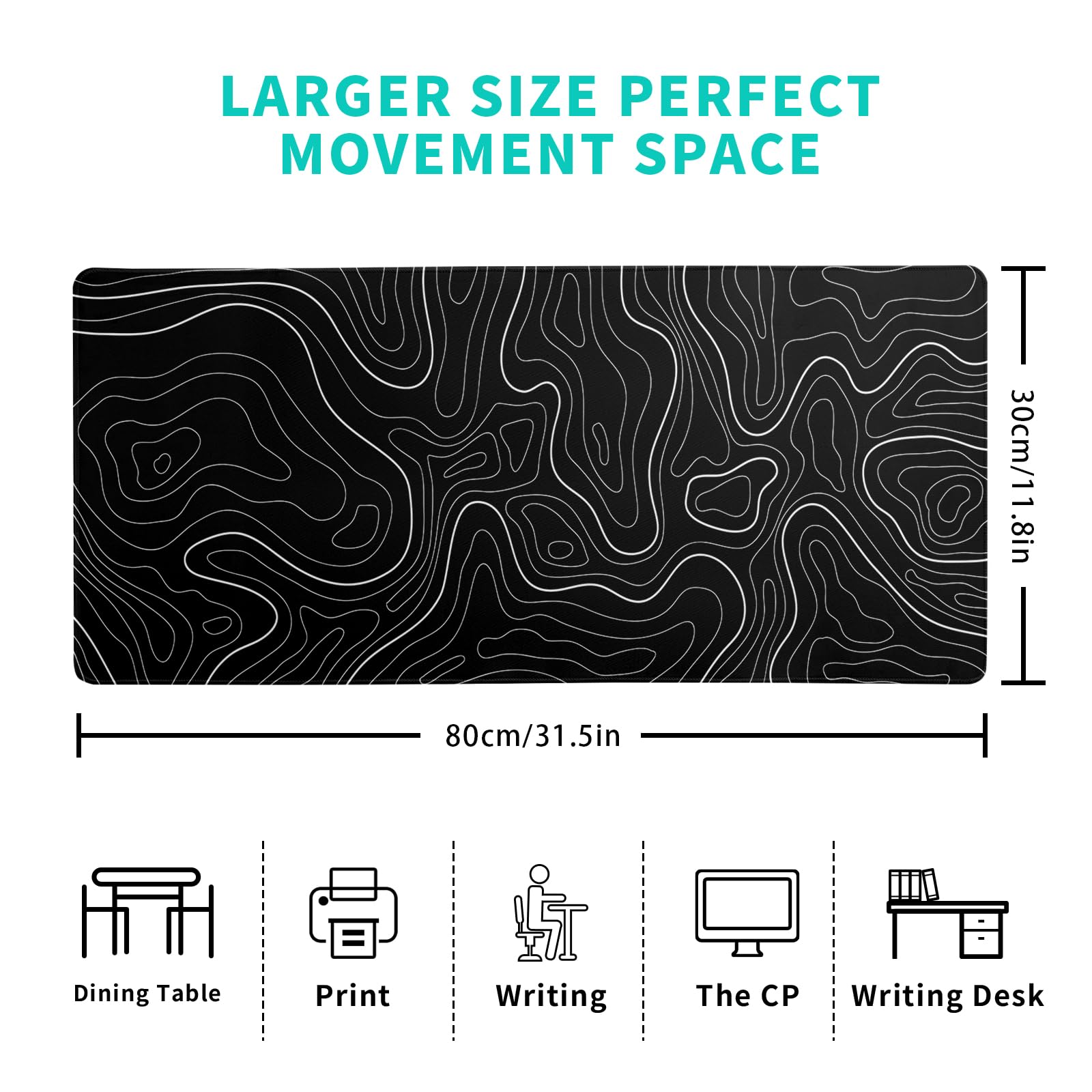 Topographic Contour Black Gaming Mouse Pad XL Geographic Map Lines Extended Big Large Desk Mat