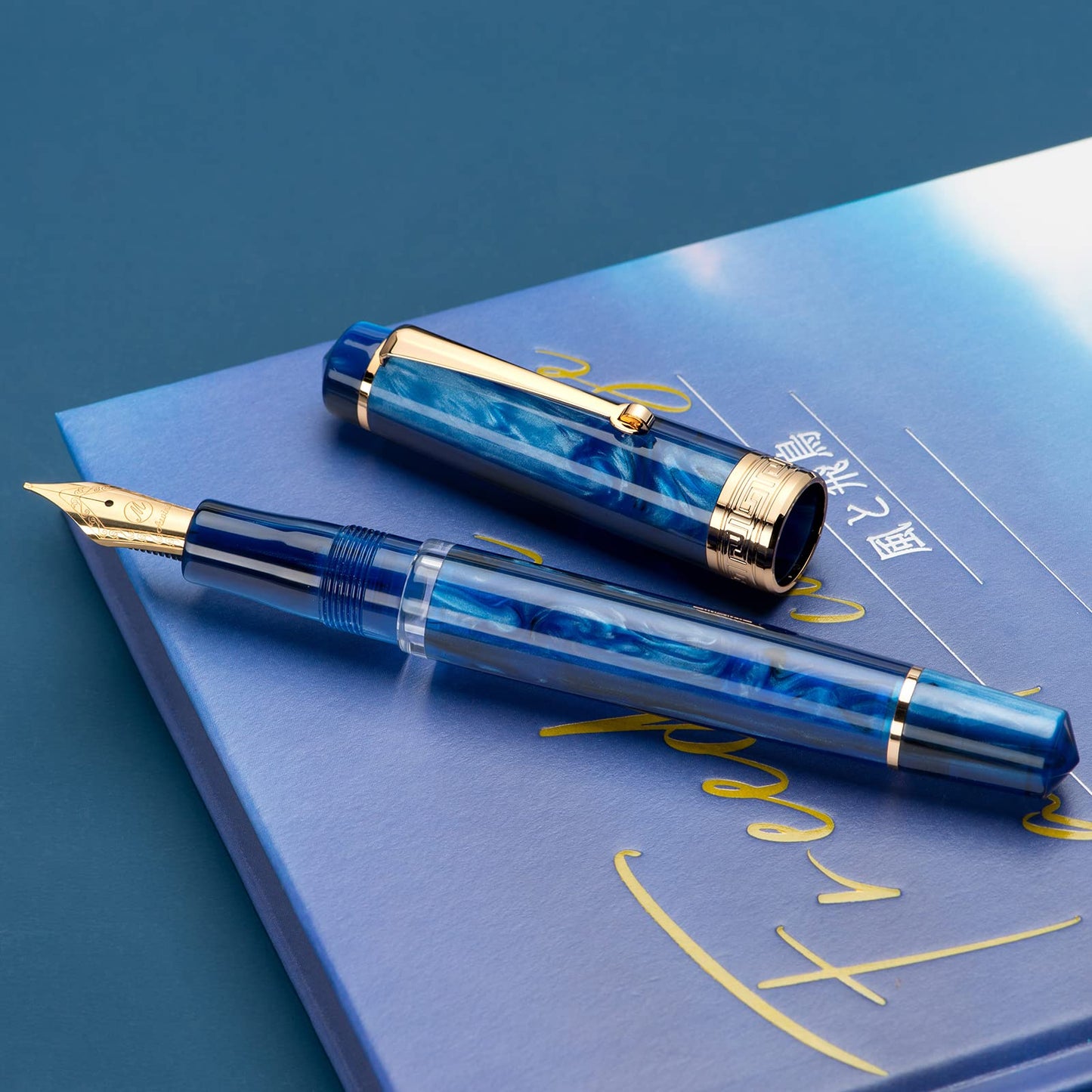 Asvine P20 Piston Fountain Pen Galaxy Blue Resin, Iridium Medium Nib Gold Trim Smooth Writer