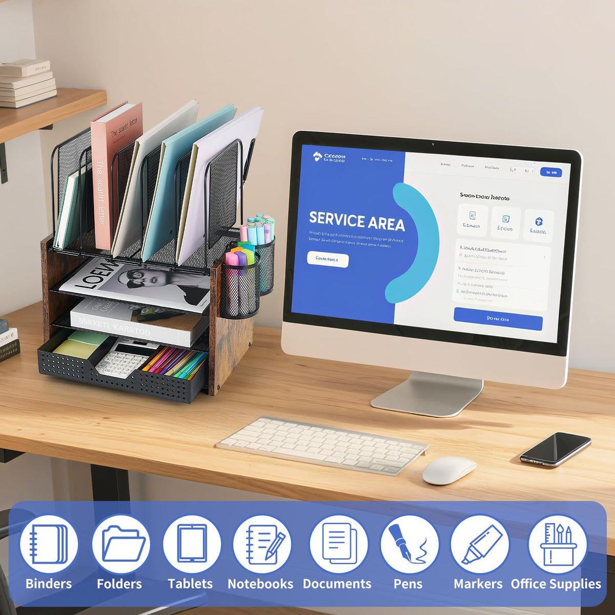 AUPSEN Desk Organizer with 5 Vertical File Holders, Storage Drawer & 2 Pen Holders, 5 Trays Paper