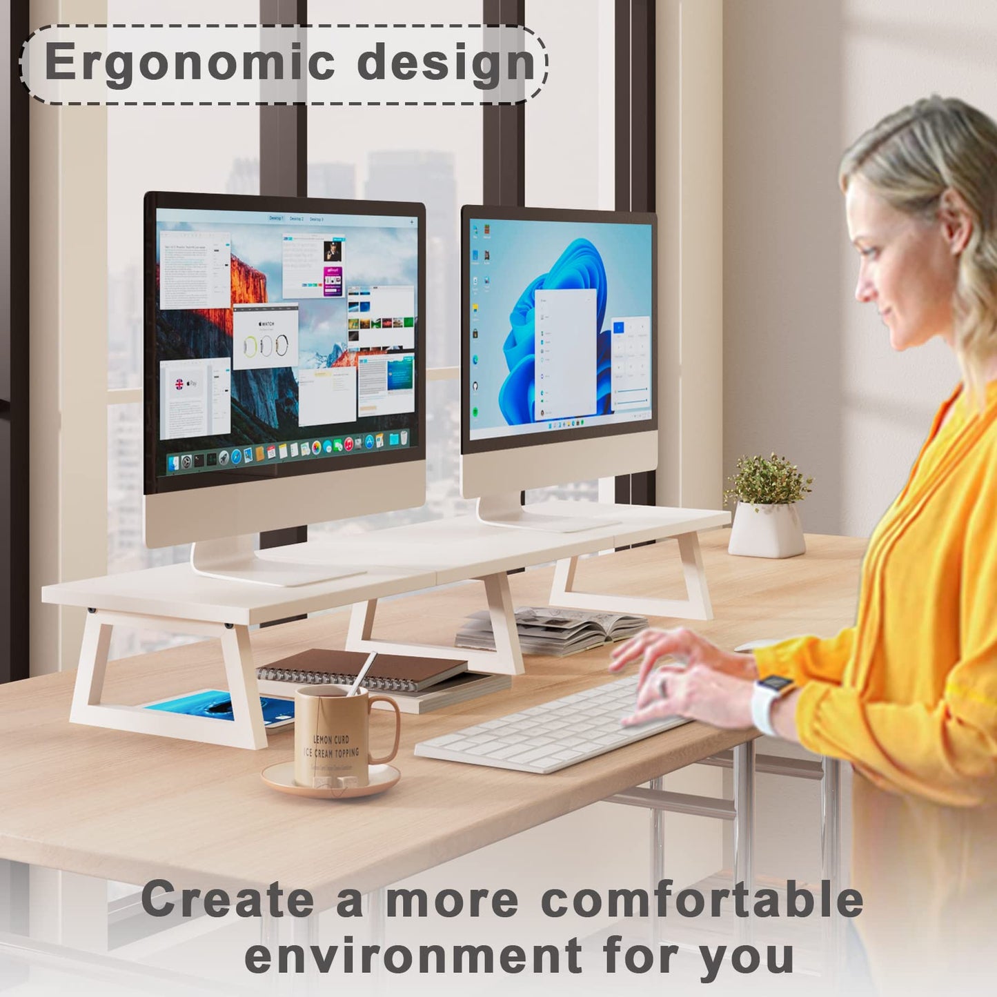 TEAMIX 42 inch Dual Monitor Riser White, Desk Organizer Stand for TV Laptop