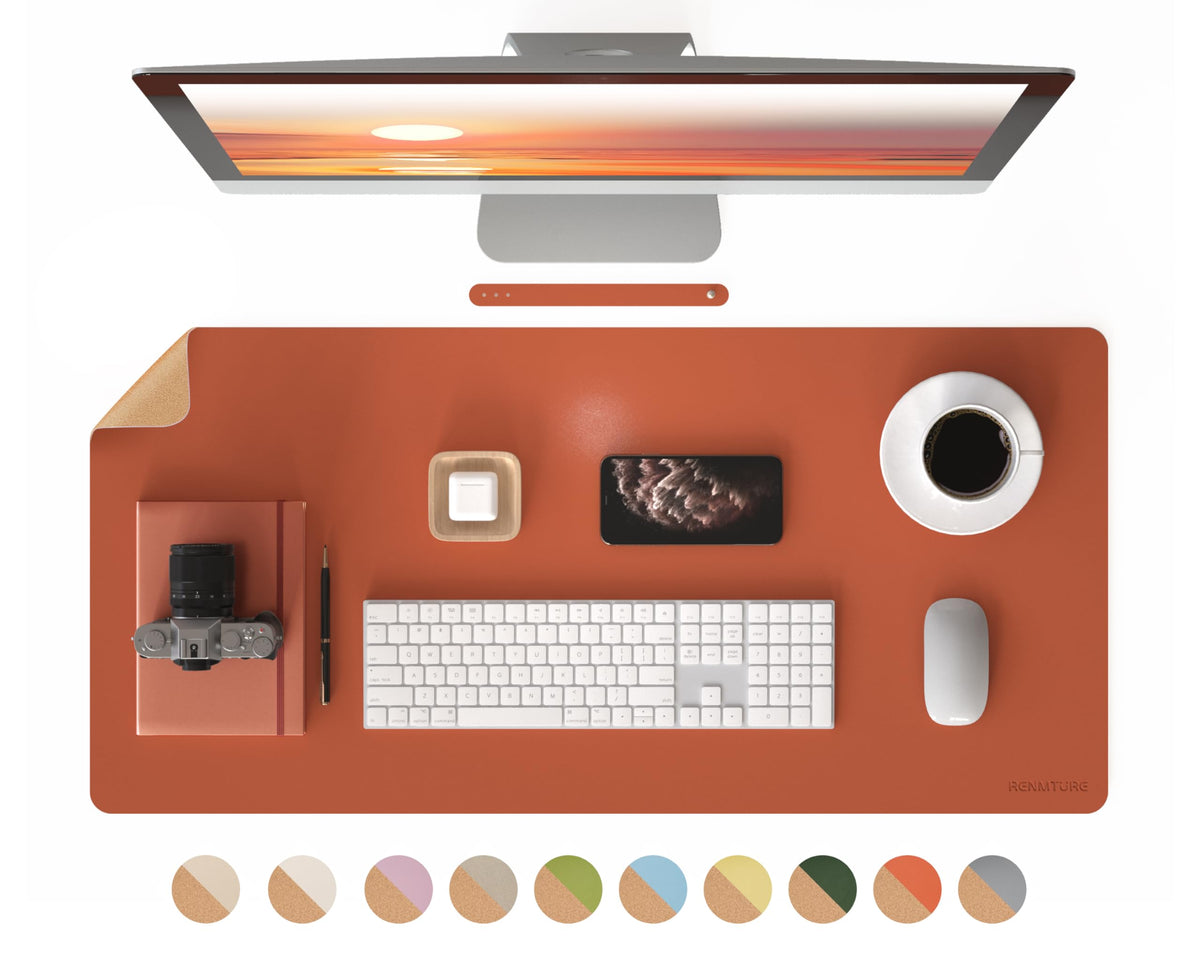 RENMTURE Dual-Sided Large Desk Pad, Faux Leather Natural Cork Mouse pad, Desk Accessories