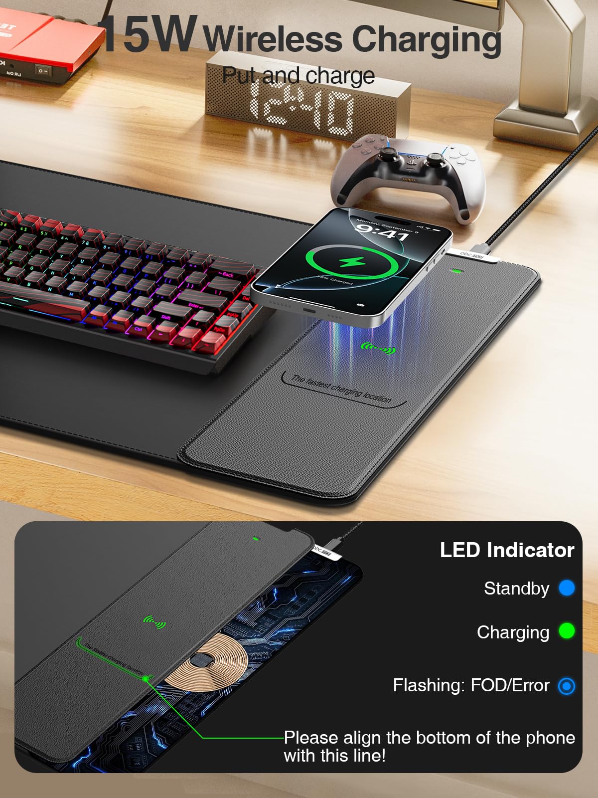 Wireless Charging Mouse Pad, 31.5"x15.8" Large Desk Mat, Smooth Glide