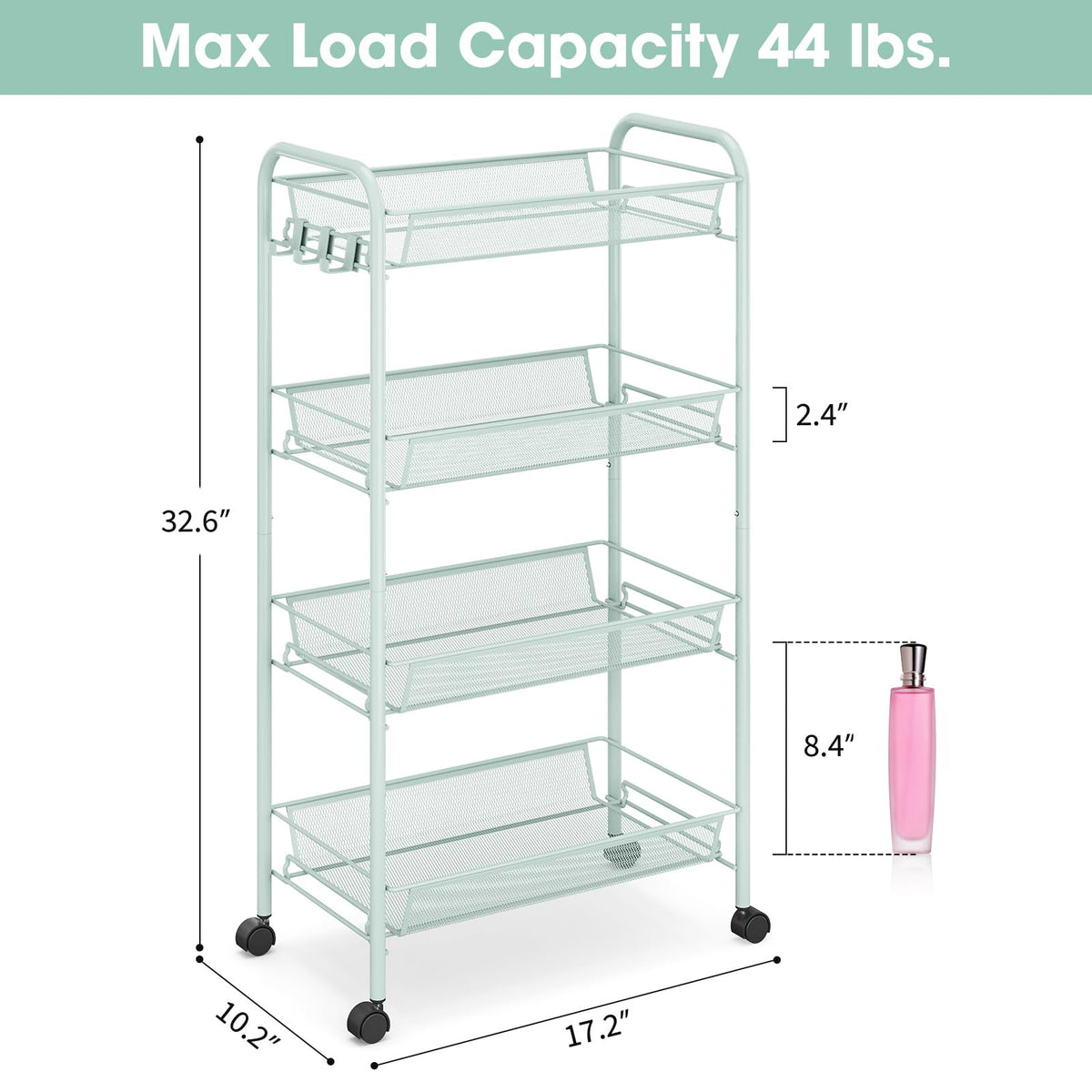 TOOLF 4 Tier Rolling Cart, Metal Utility Storage Cart with Wheels, Green