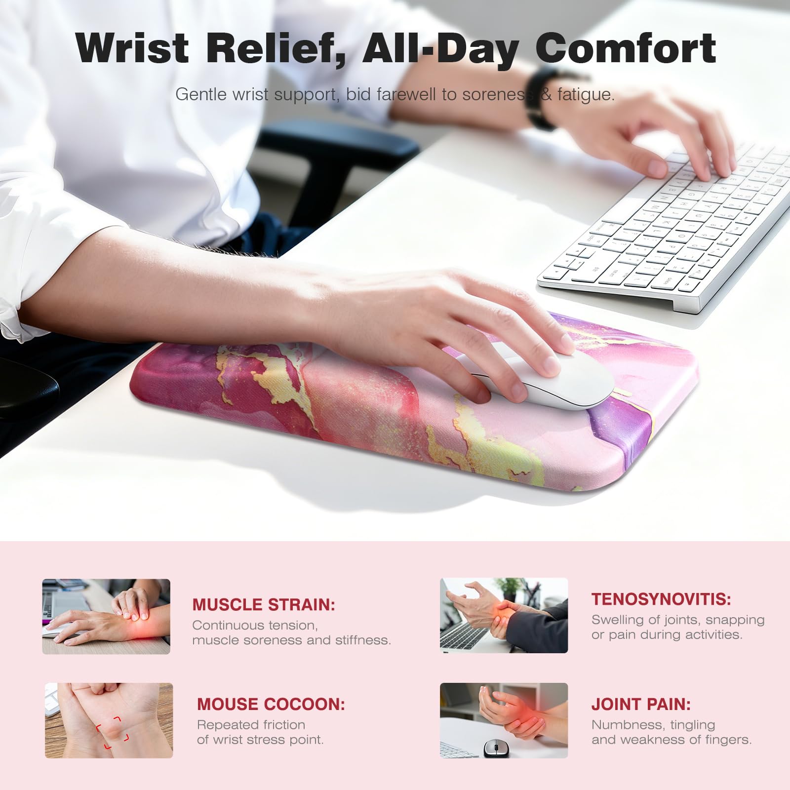 Ospelelf Pink Mouse Pad with Wrist Support Large Ergonomic Office Comfy Pain Relief Mousepad Wrist