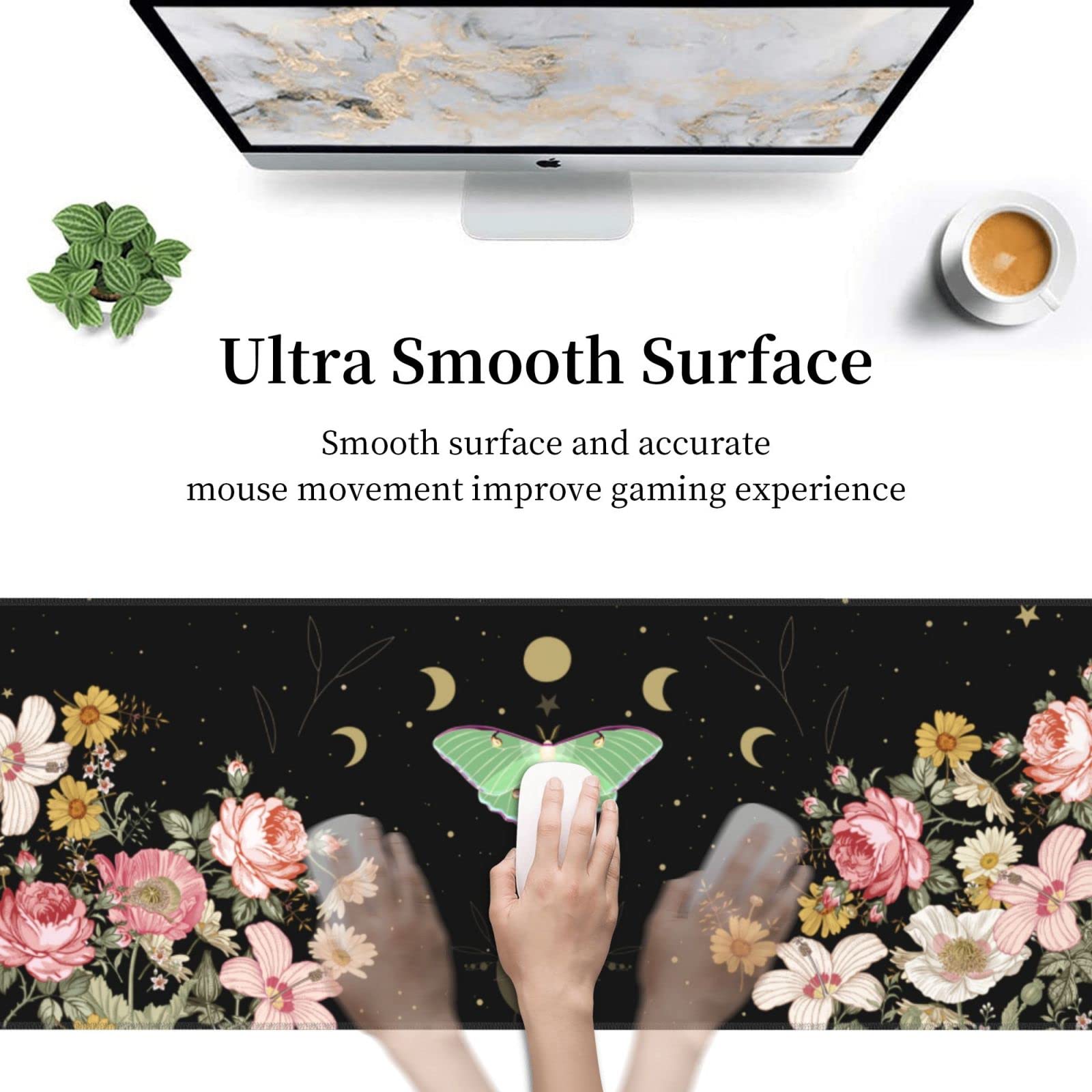 Moon Phase Moth Garden Black XXL XL Large Gaming Mouse Pad for Desk, Non-Slip Long Extended