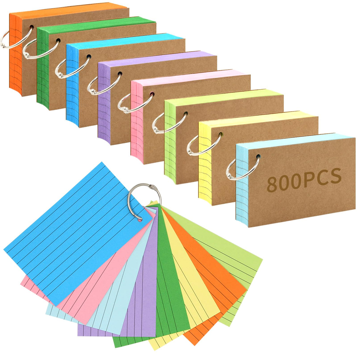 800 PCS Index Cards 3x5 Inches Colored Flash Cards with Ring, Punched Lined Flashcards Ruled Index