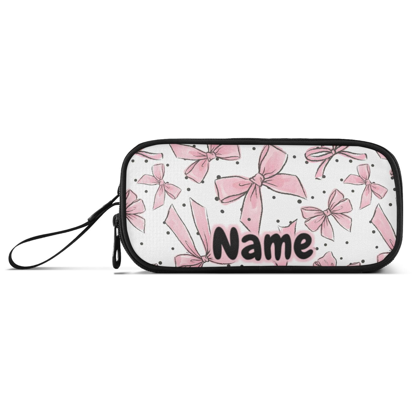 BOENLE Custom Pink Bows Dots Pencil Case Box Boys Girls Personalized Name Large Pencil Pouch