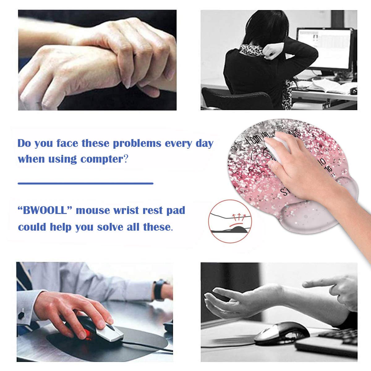 Ergonomic Mouse Pad Wrist Support and Coasters Set, Cute Wrist Rest Pad with Non-Slip PU Base for