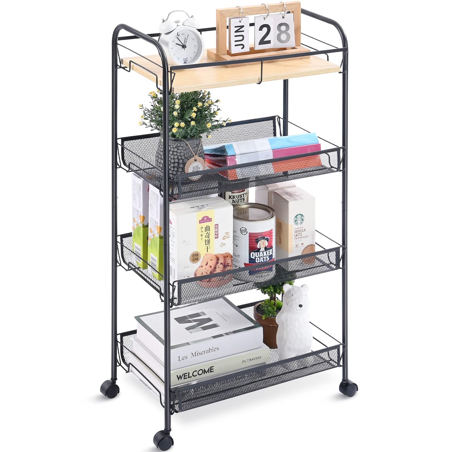 KINGRACK 4-Tier Rolling Cart,Metal Utility Cart with Wooden Tabletop,Easy Assemble Mobile Storage