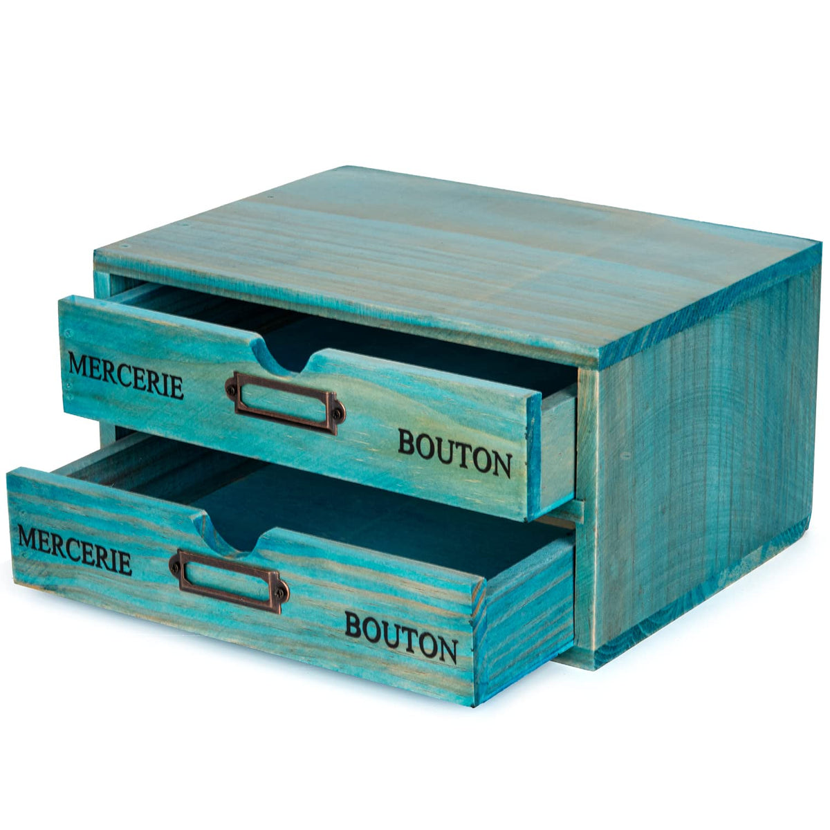 Turquoise 2-Tier Drawer Unit - European Country Style Desk Organizer Box - 9.7x7x5.1" Teal Wooden
