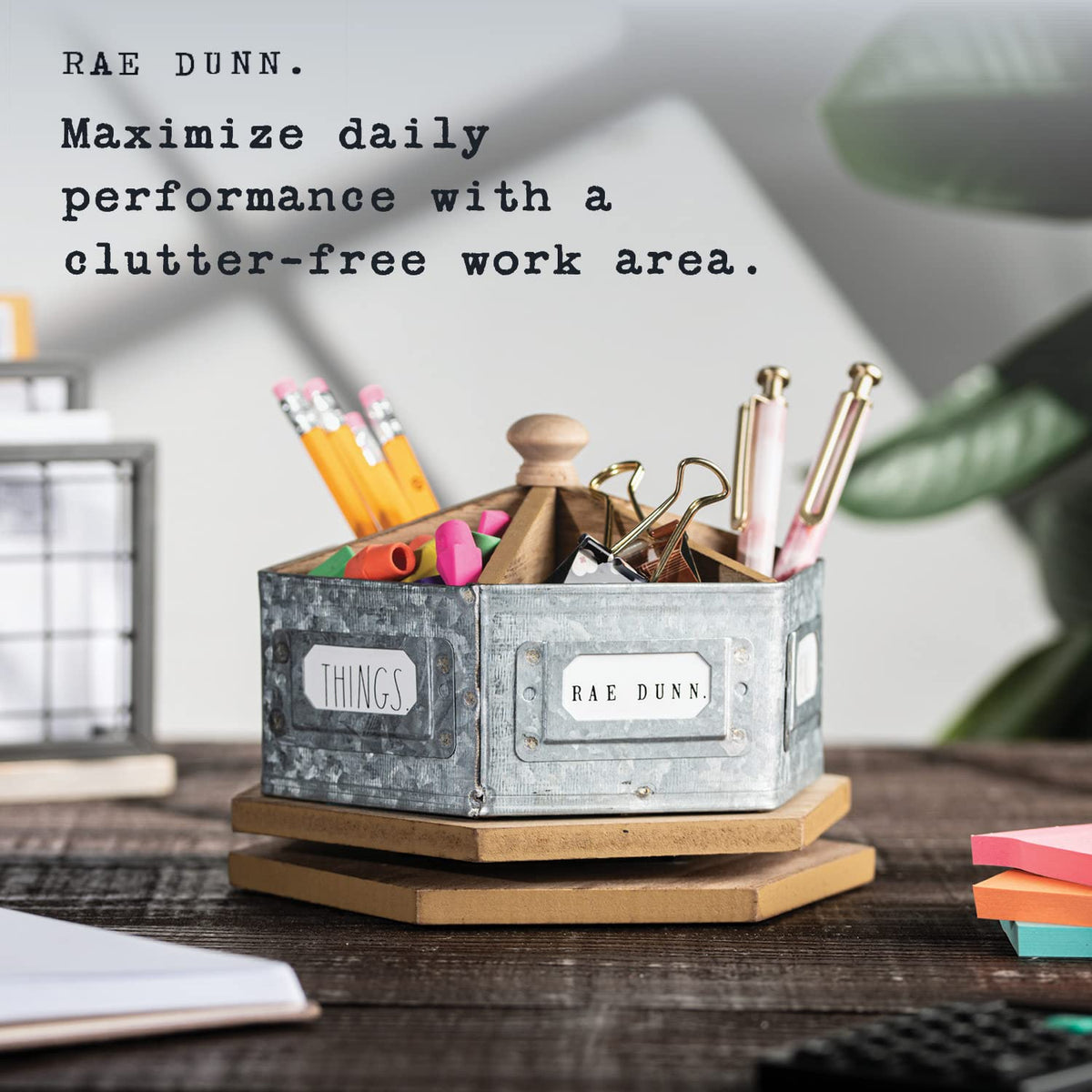 Rae Dunn Pencil Holder Cup - Spinning Metal Pen and Office Supplies 6 Compartment Desktop Organizer