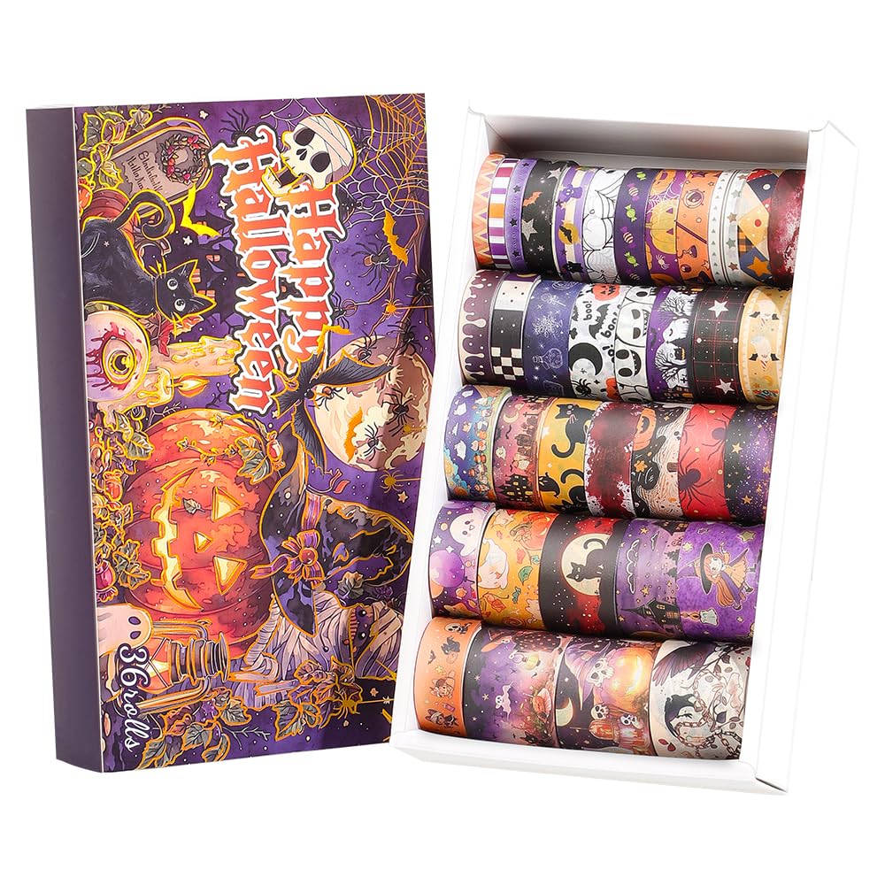 icceemee Halloween Washi Tape Set 36 Rolls, Vintage Pumpkin Ghost Bat Spider Witch Decorative