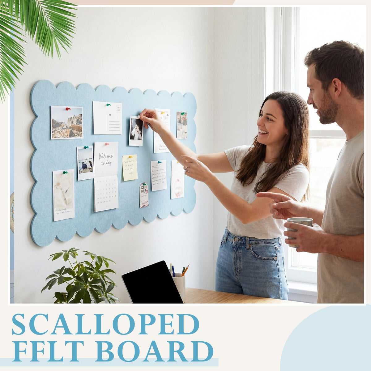 Mooliwe Scalloped Felt Bulletin Cork Board Foldable Light Blue 36 * 18 Inch