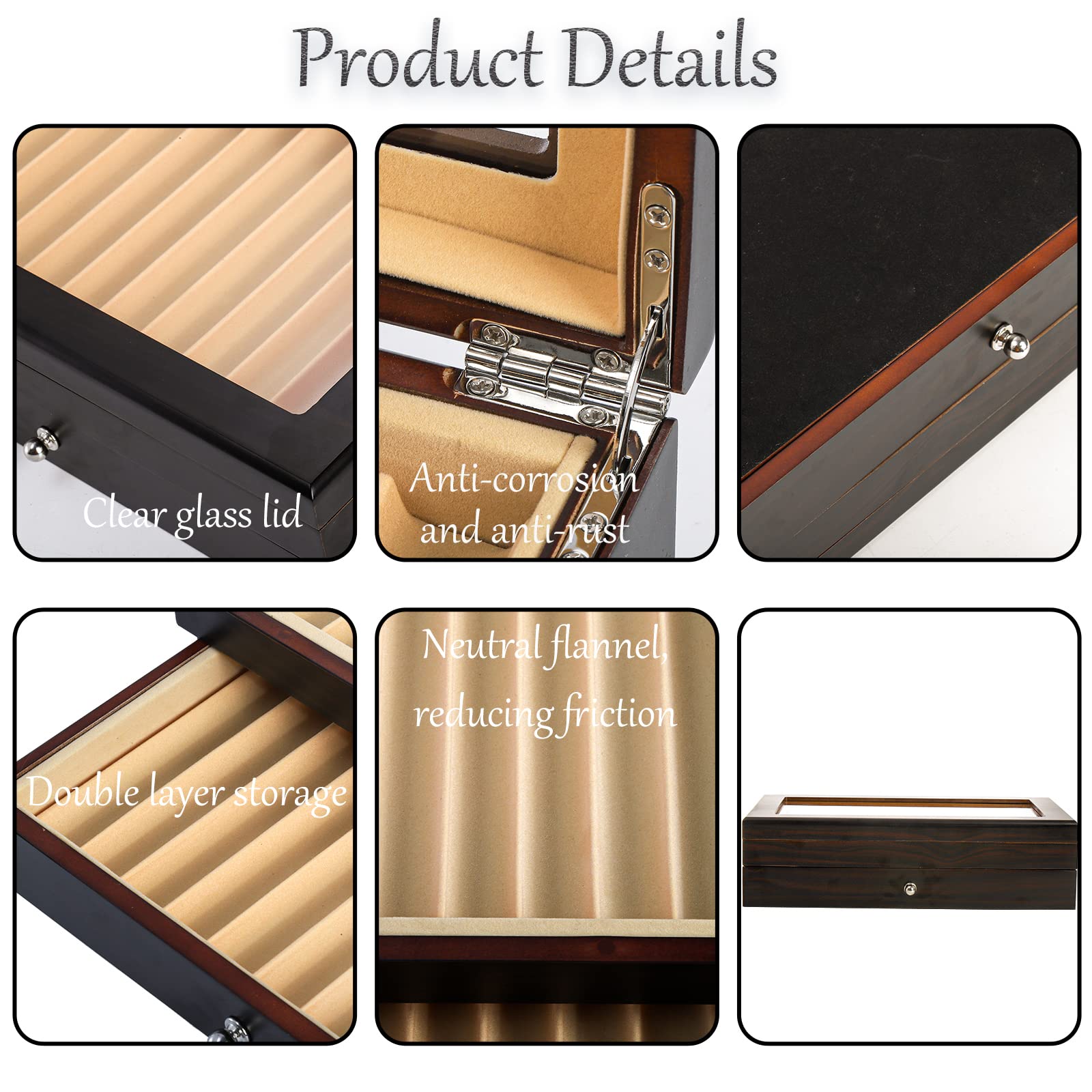 Yesland 2 Layer Ebony Wood Pen Display Box, 23 Slot Fountain Pen Organizer Box with Clear Glass