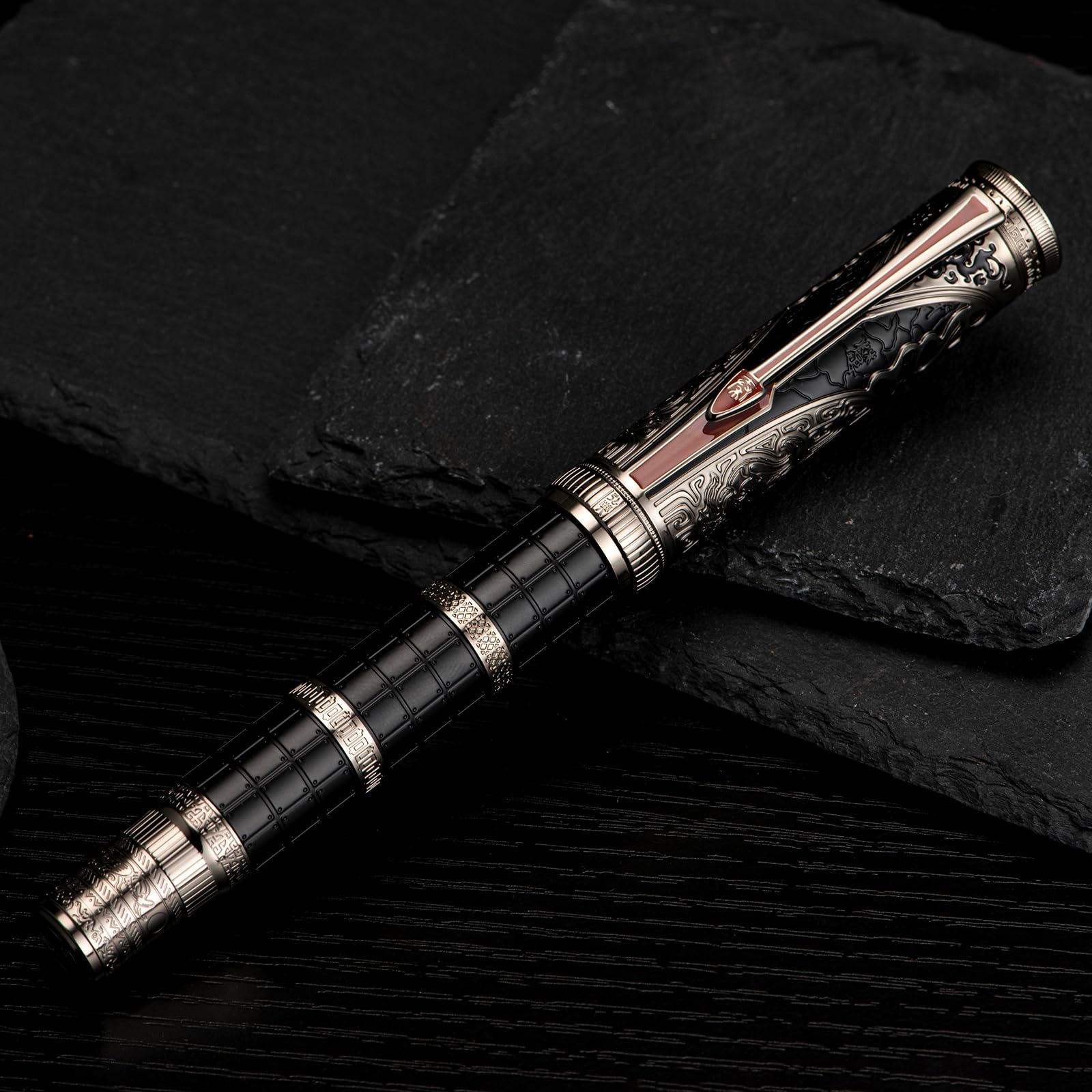 HONG DIAN D5 Qin Dynasty Fountain Pen Black Silver, Fine Nib Piston Filling Pen, Retro Chinese