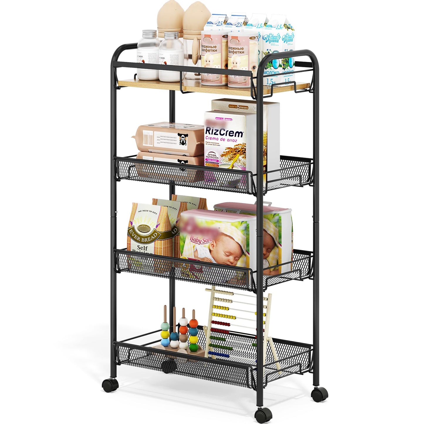 TOOLF 4-Tier Rolling Cart, Metal Utility Cart, Slide Out Storage Cart with Wooden Tabletop and Mesh